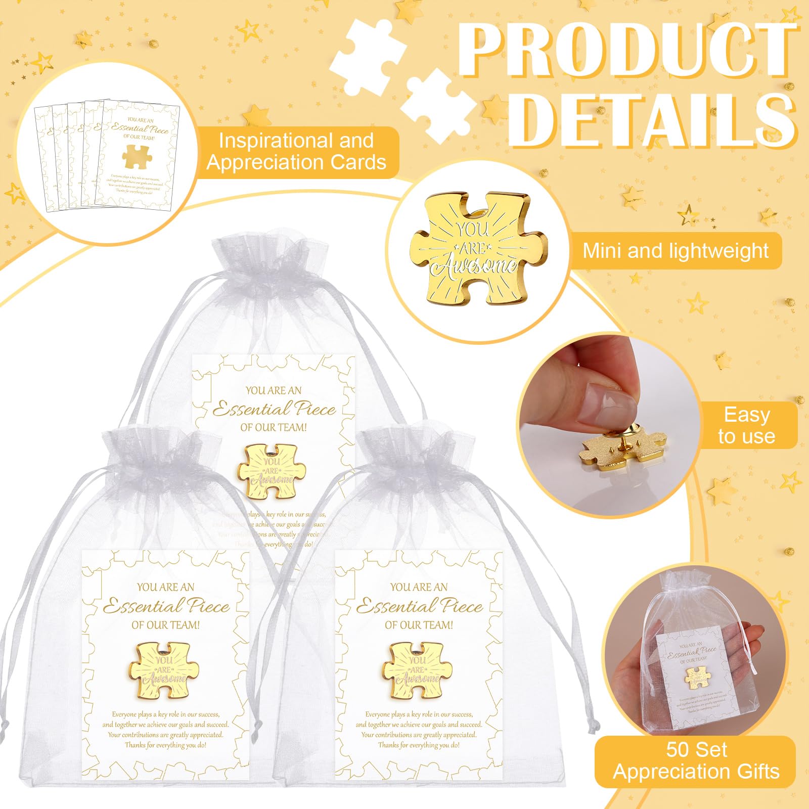 15/30/50 Set Employee Appreciation Gifts Team Puzzle Piece Lapel Pins with Thank You Cards Organza Bags Employee of the Month Badge Brooch Bulk Inspirational Small Gifts for Coworker Staff (50) - Image 3