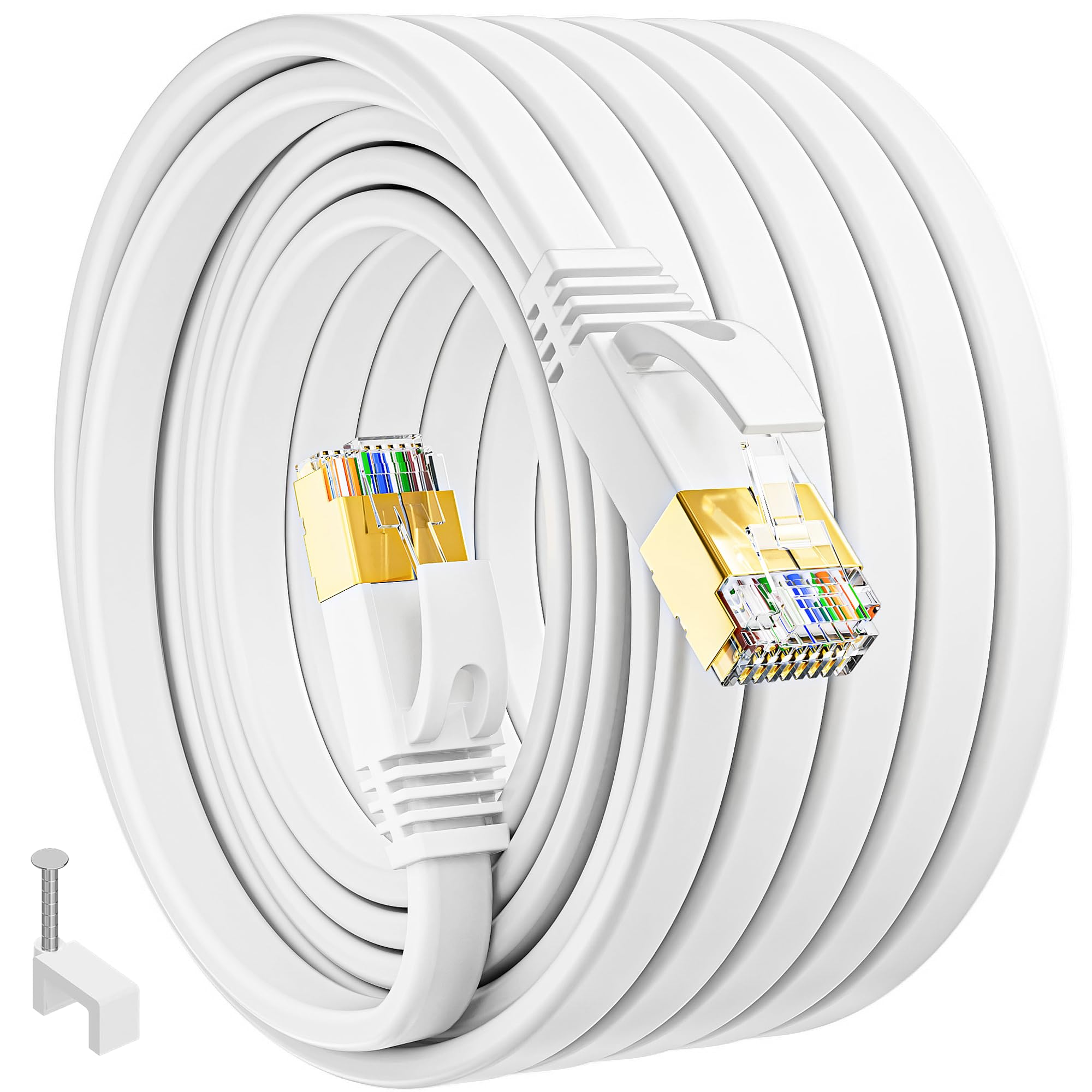 MEIPEK Flach Wlan Kabel 25m, Netzwerkkabel Dünn Lan Kabel 25 Meter Cat 7, High Speed Weiß Ethernetkabel, Weiss RJ45 Internetkabel 10Gbps 600MHz Patchkabel Lankabelverlaengerung für Router Modem