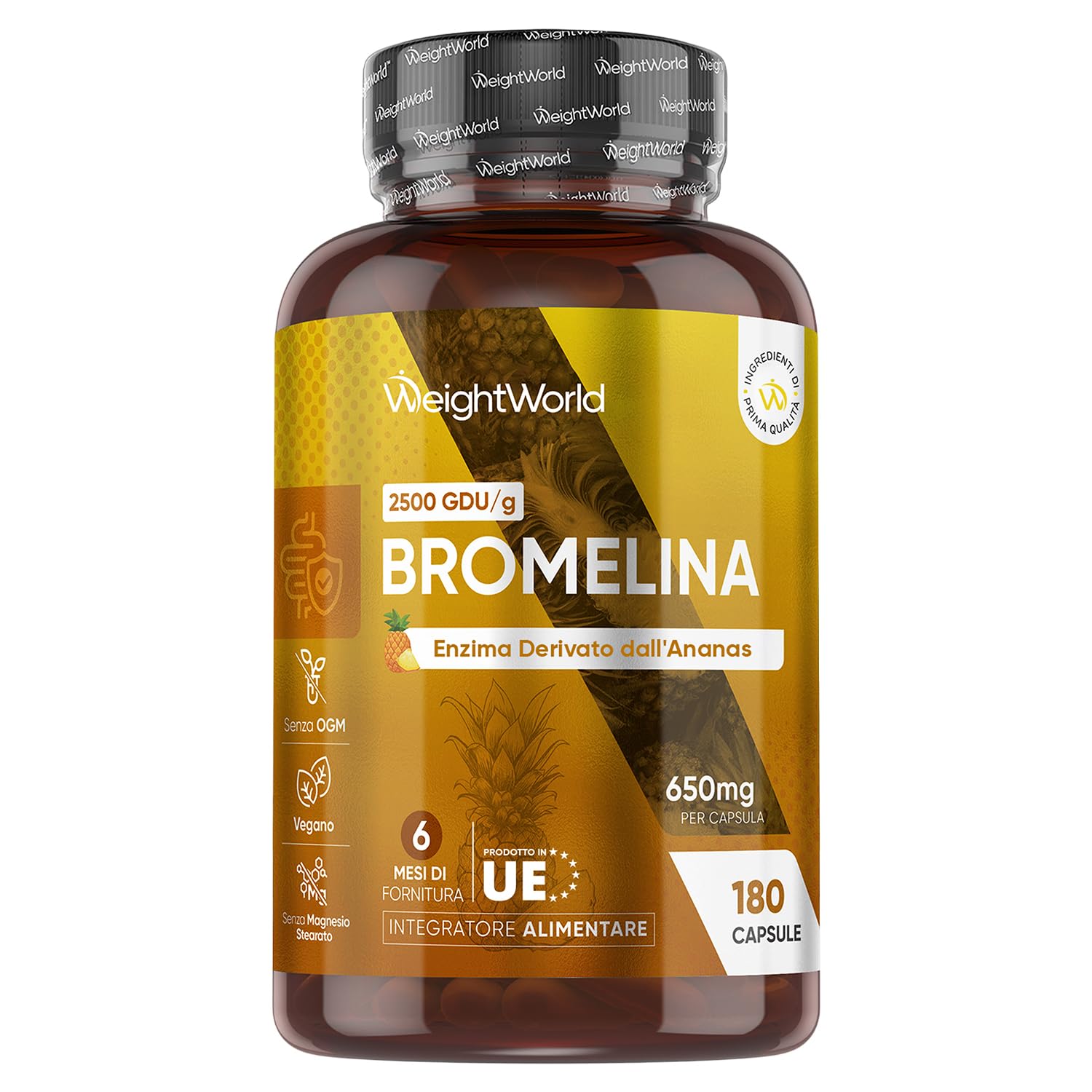 Bromelina Vegana, 180 Capsule (per 6 Mesi), 2500 GDU/g per Capsula, Solo 1 al Giorno, Estratta dall'Ananas, Bromelina Integratore Completamente Privo di Magnesio Stearato, Bromelain Priva di Additivi