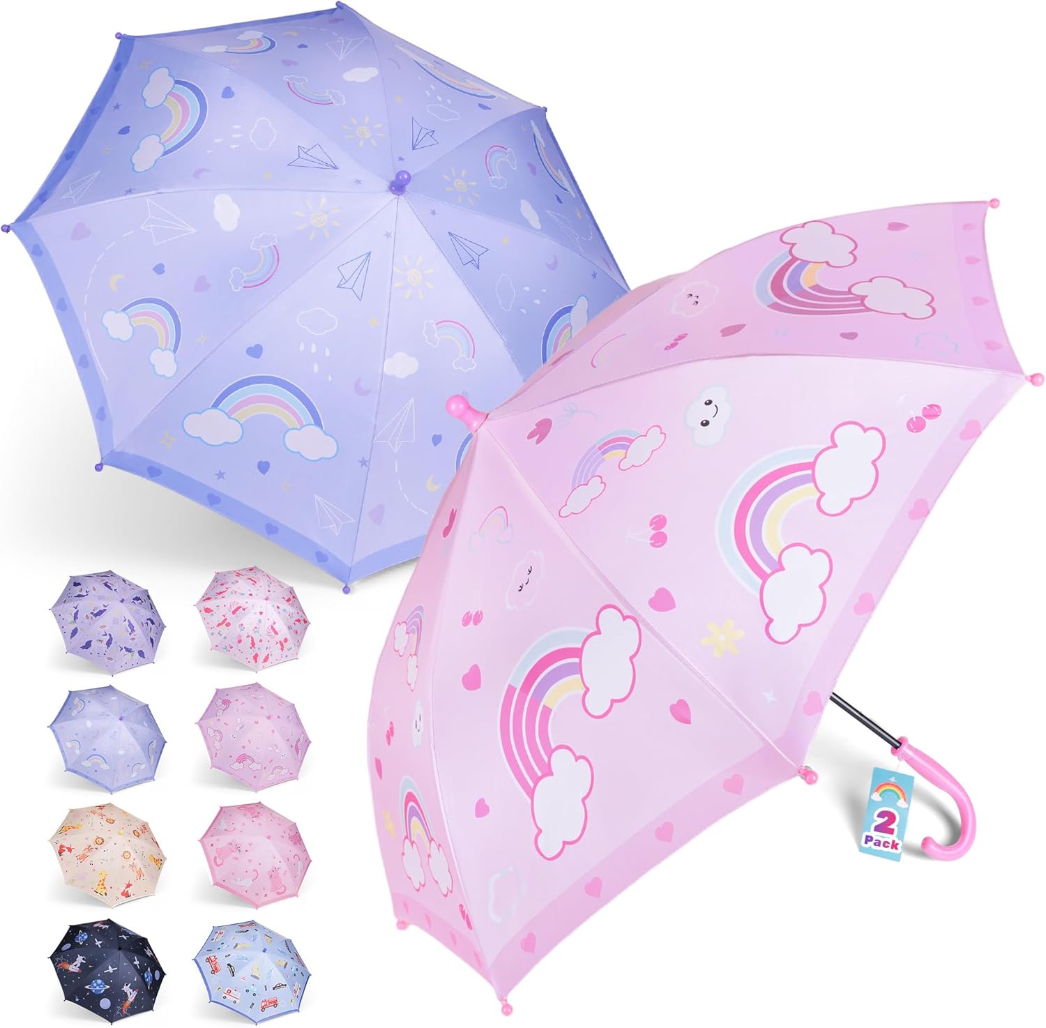 2 Pack Kids Umbrellas for Girls and Boys Age 3-10, Toddler Umbrella with Larger 35" Arc Perfect Size, Windproof and UV/Sun Protection, with Easy-Grip Hook Handle, Rainbow Pink and Purple
