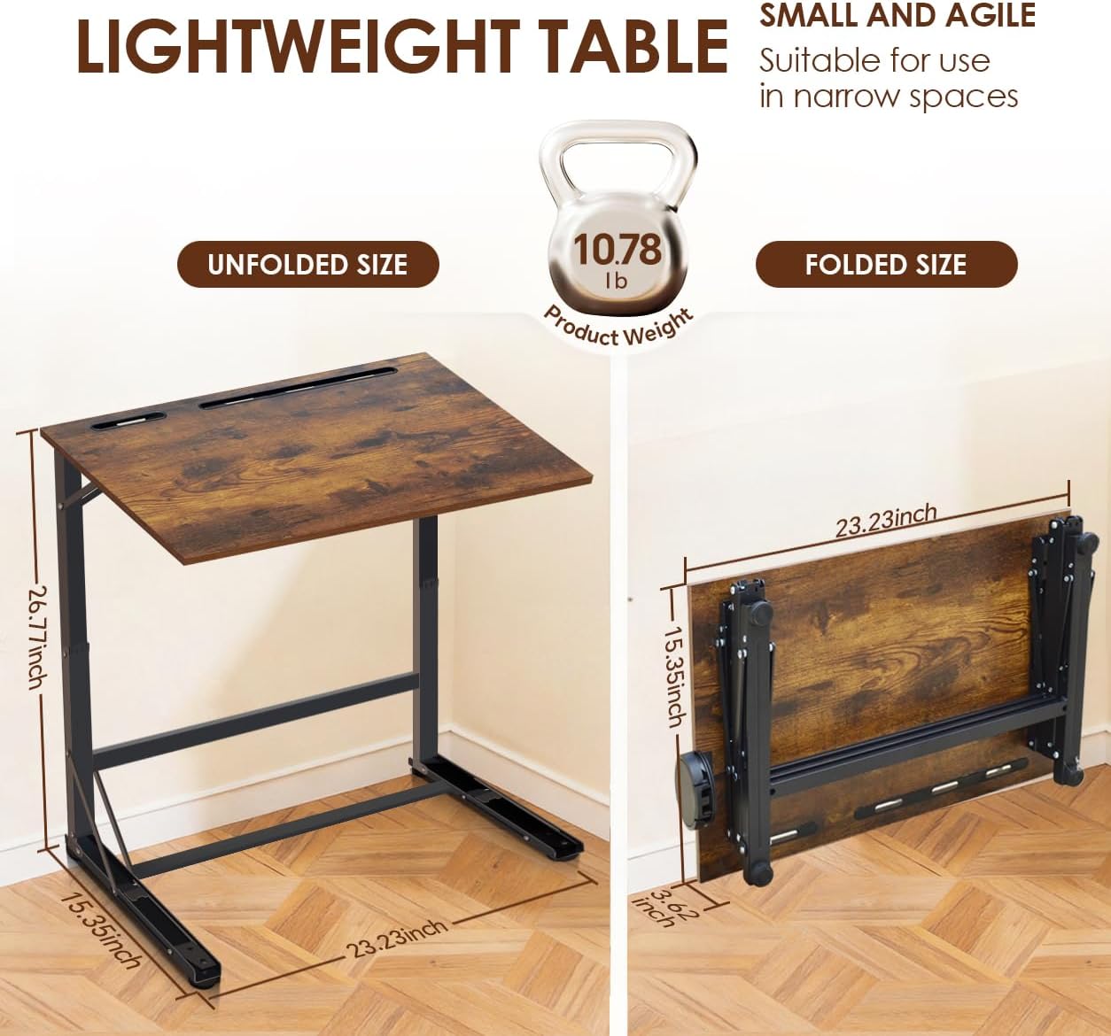 Extra Wide C-Shaped Folding TV Tray Table – Portable Laptop Desk with Cup Holder & Device Slots, No Assembly Rustic Wood Couch End Table for Bed, Sofa or Working