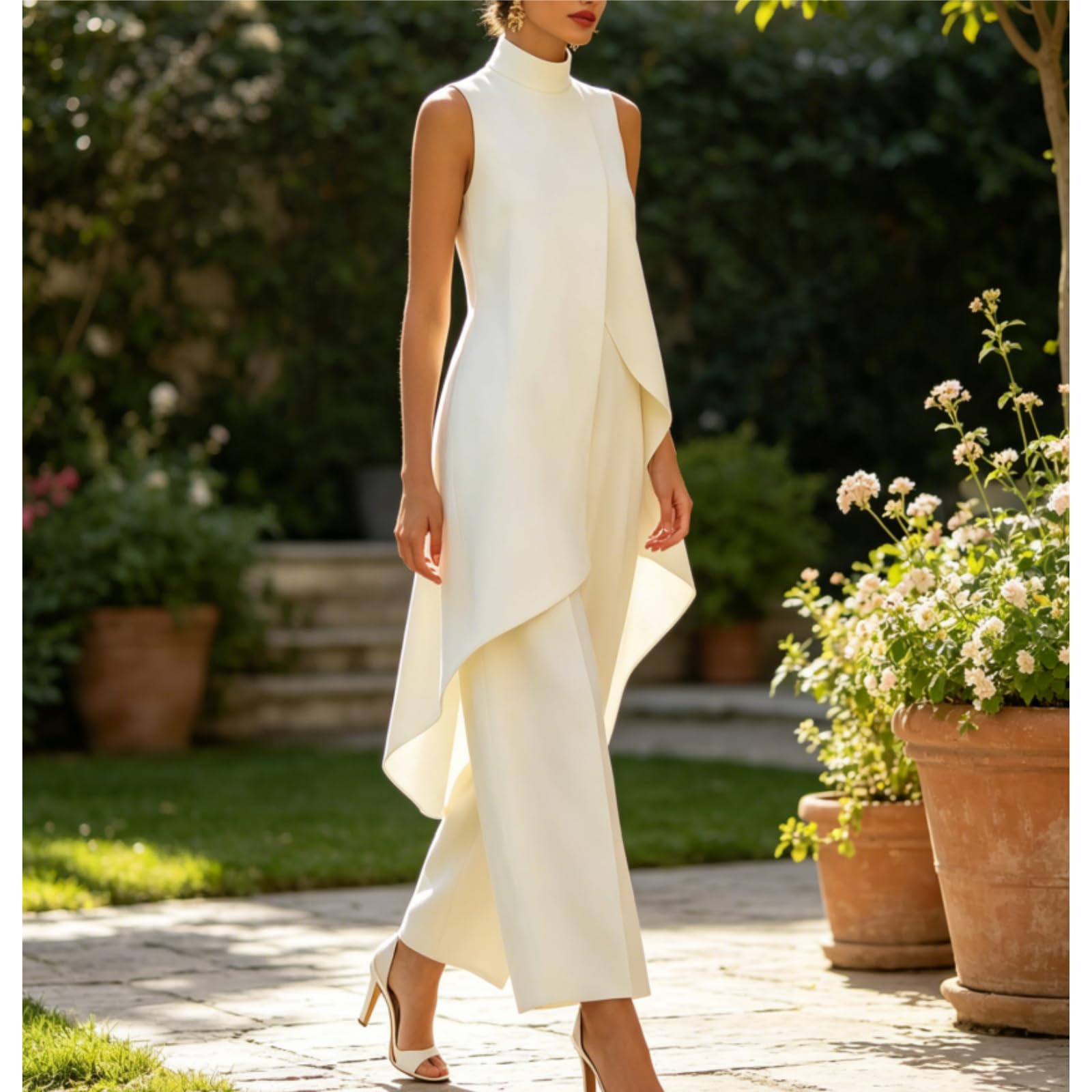 Generico Completo da donna a due pezzi senza maniche, composto da un elegante top asimmetrico a collo alto e pantaloni a gamba larga.