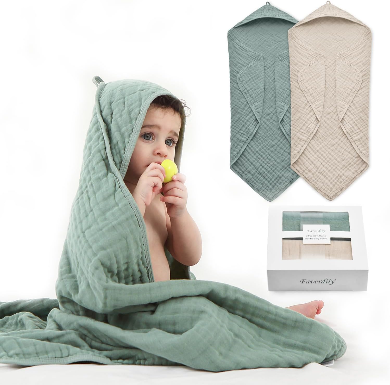 Hooded Baby Towels for Newborn, 35x35 Inch 2 Pack 100% Muslin Cotton Baby Bath Towel, Soft Baby Beach Towels with Hood for Infants, Toddlers and Kids, Essentials Must Haves