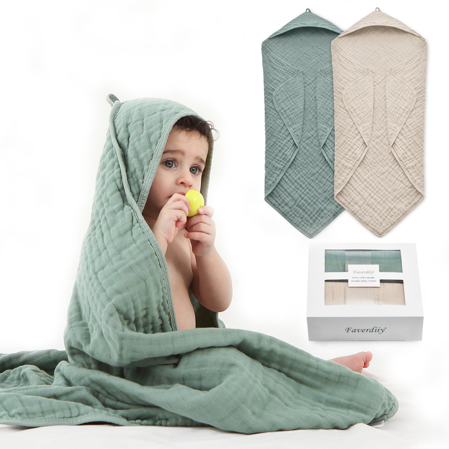 Hooded Baby Towels for Newborn 35x35 Inch 2 Pack 100 Muslin Cotton Baby Bath Towel Soft Baby Beach