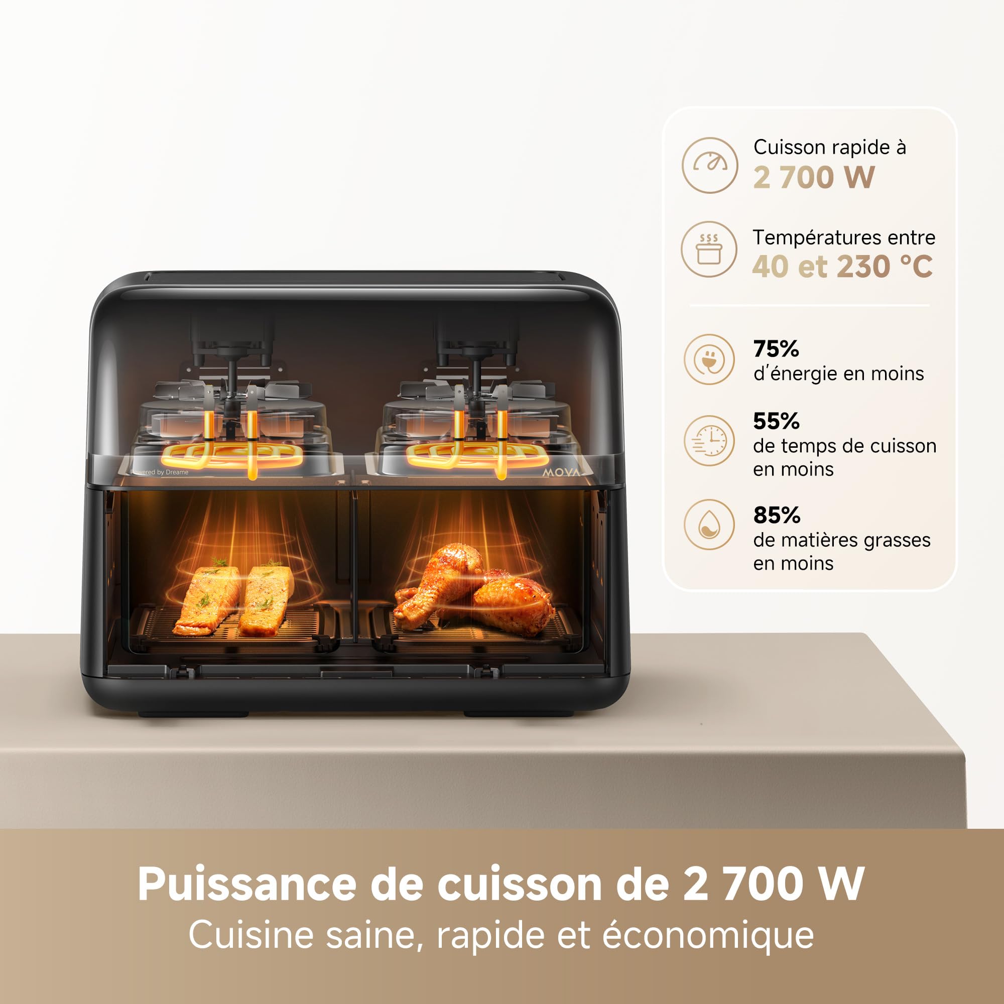 MOVA Friteuse à Air AeroChef FD20 Pro | Double Zone 9 L, SyncFinish, 2 700 W, 40 à 230 °C, Circulation d'Air Chaud à 360°, 7 Programmes, Revêtement Antiadhésif