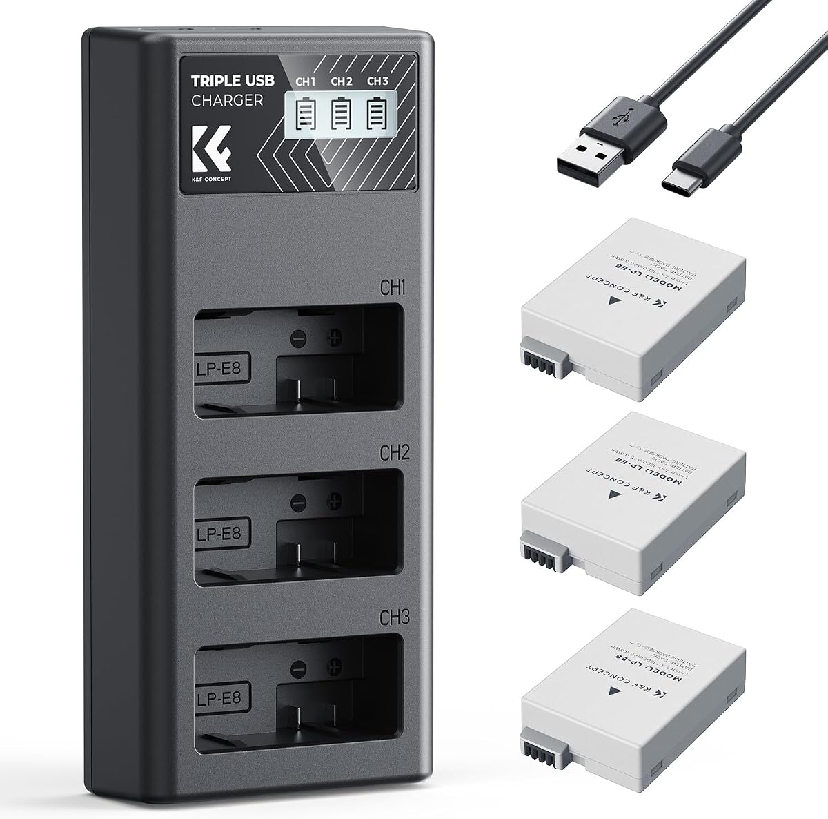 3-Pack LP-E8 Battery and Upgraded LCD Charger Compatible with Canon EOS Rebel T2i, T3i, T4i, T5i, 550D, 600D, 650D, 700D, Kiss X4, Kiss X5, Kiss X6 Cameras