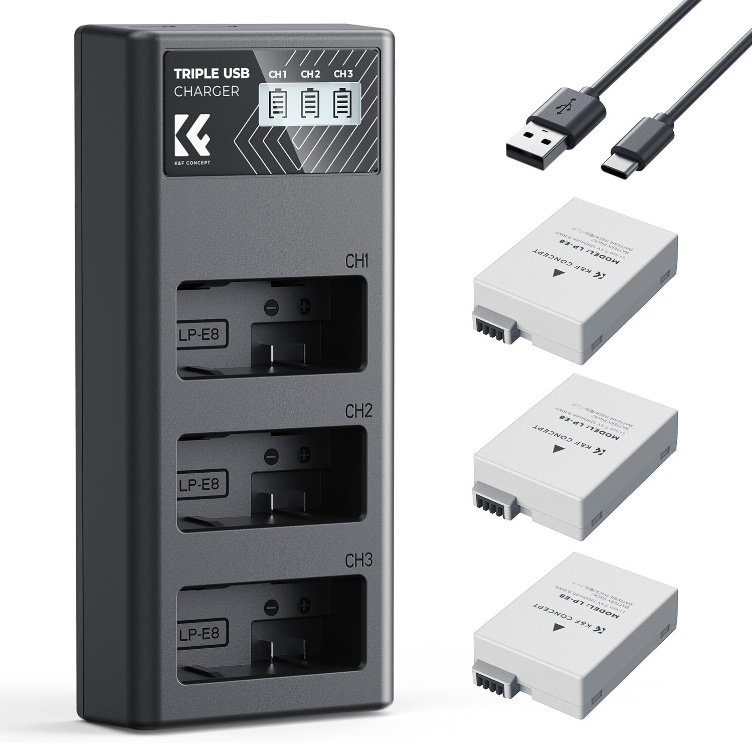 K&F CONCEPT 3-Pack LP-E8 Battery and Upgraded LCD Charger Compatible with Canon EOS Rebel T2i, T3i, T4i, T5i, 550D, 600D, 650D, 700D, Kiss X4, Kiss X5, Kiss X6 Cameras