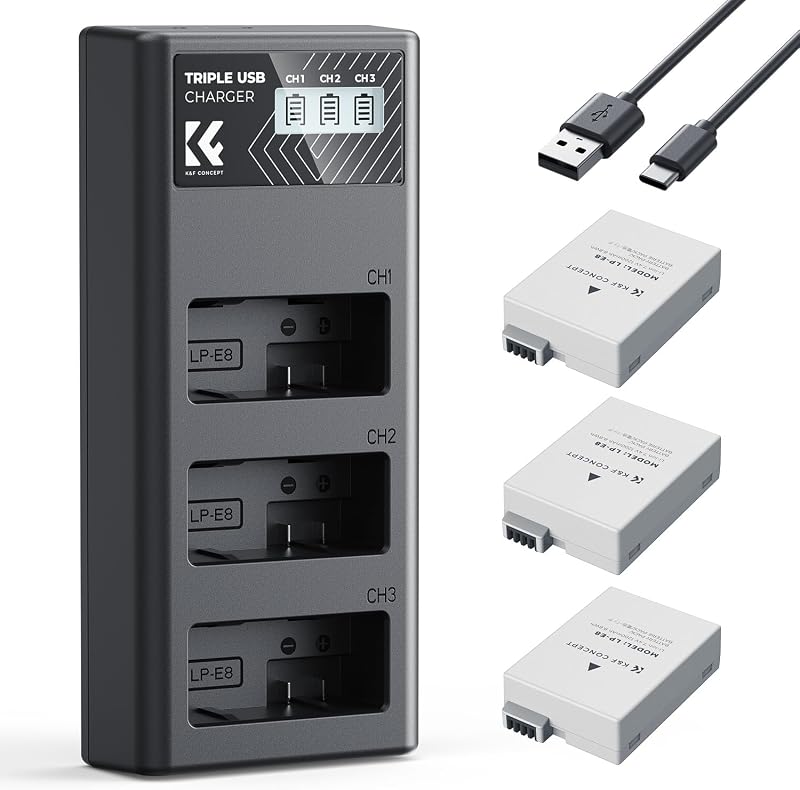 3-Pack LP-E8 Battery and Upgraded LCD Charger Compatible with Canon EOS Rebel T2i, T3i, T4i, T5i, 550D, 600D, 650D, 700D, Kiss X4, Kiss X5, Kiss X6 Cameras
