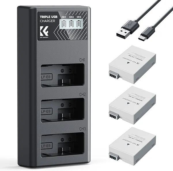 K&F CONCEPT 3-Pack LP-E8 Battery and Upgraded LCD Charger Compatible with Canon EOS Rebel T2i, T3i, T4i, T5i, 550D, 600D, 650D, 700D, Kiss X4, Kiss X5, Kiss X6 Cameras
