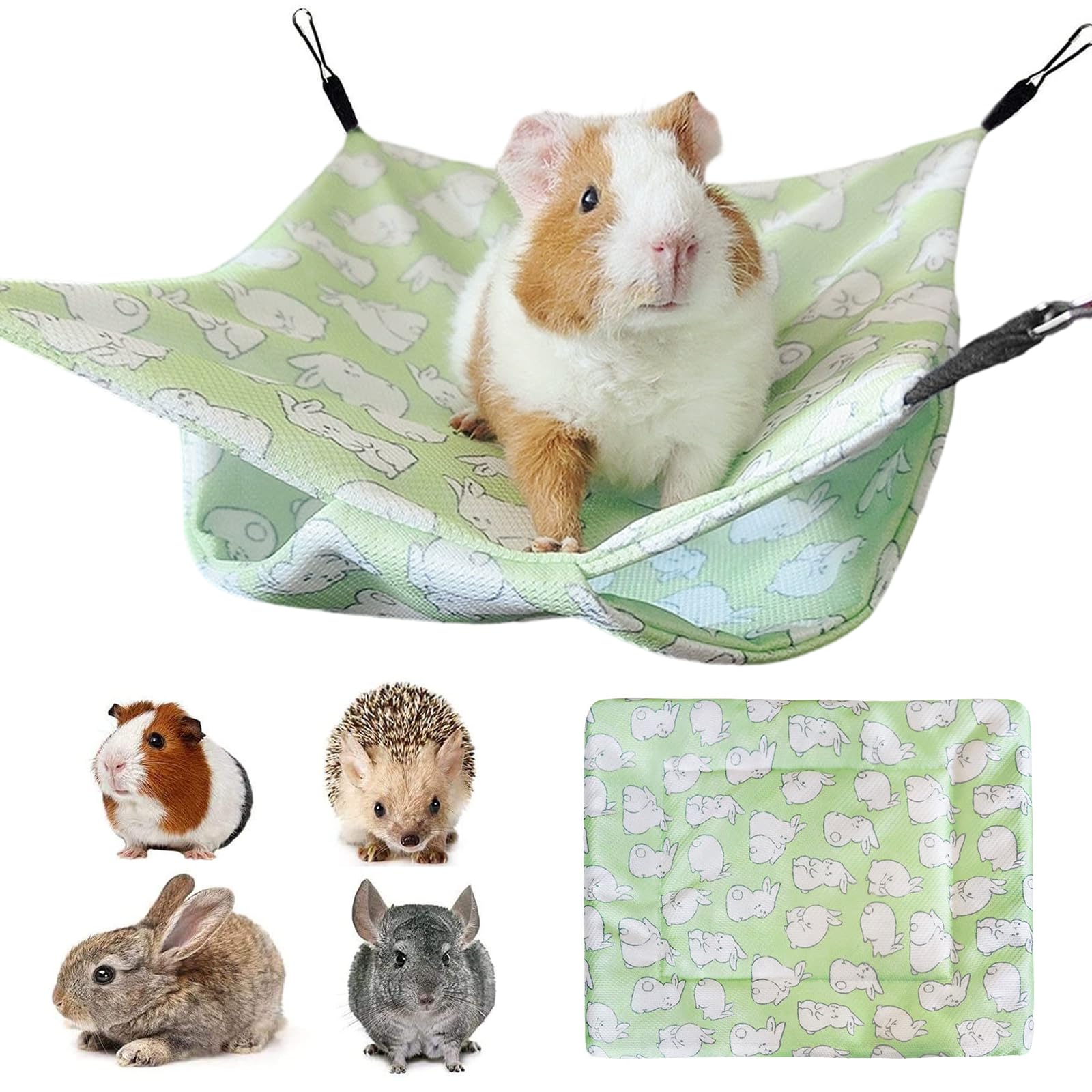 2 Stück Eiskühlseide Kleintiernest 1 Doppelstöckige Hängematte 28x28 cm e 1 Unterlage 15x20 cm, mit Kaninchen-Motiv, für Hamster Meerschweinchen, Kaninchen, Grün