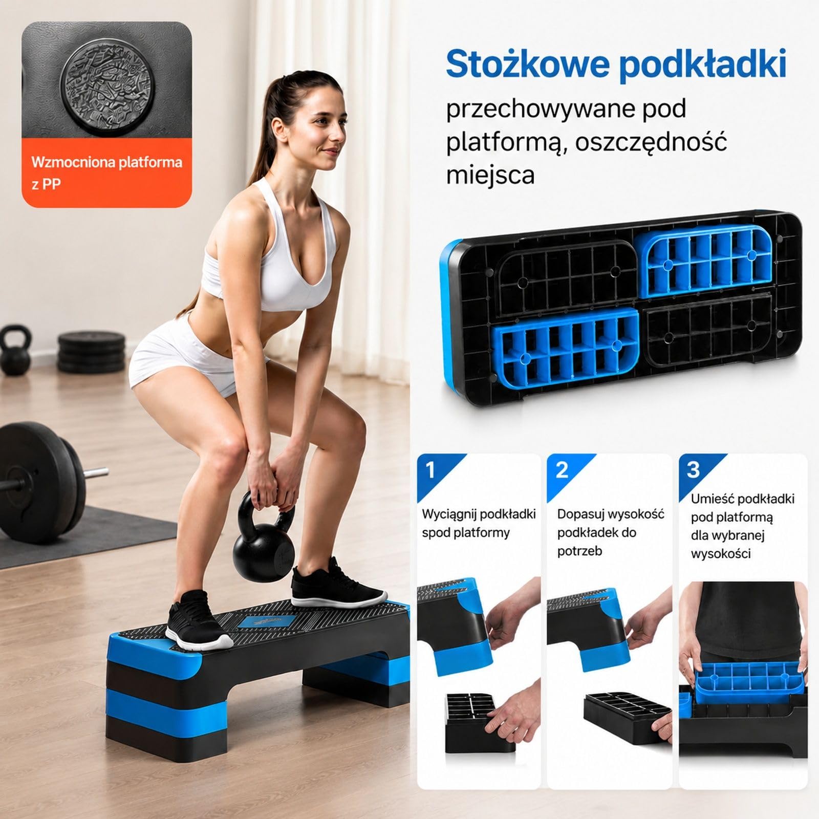 Regulowany step do aerobiku z PP, niebiesko-czarny podest do ćwiczeń w domu, cardio i treningu siłowego