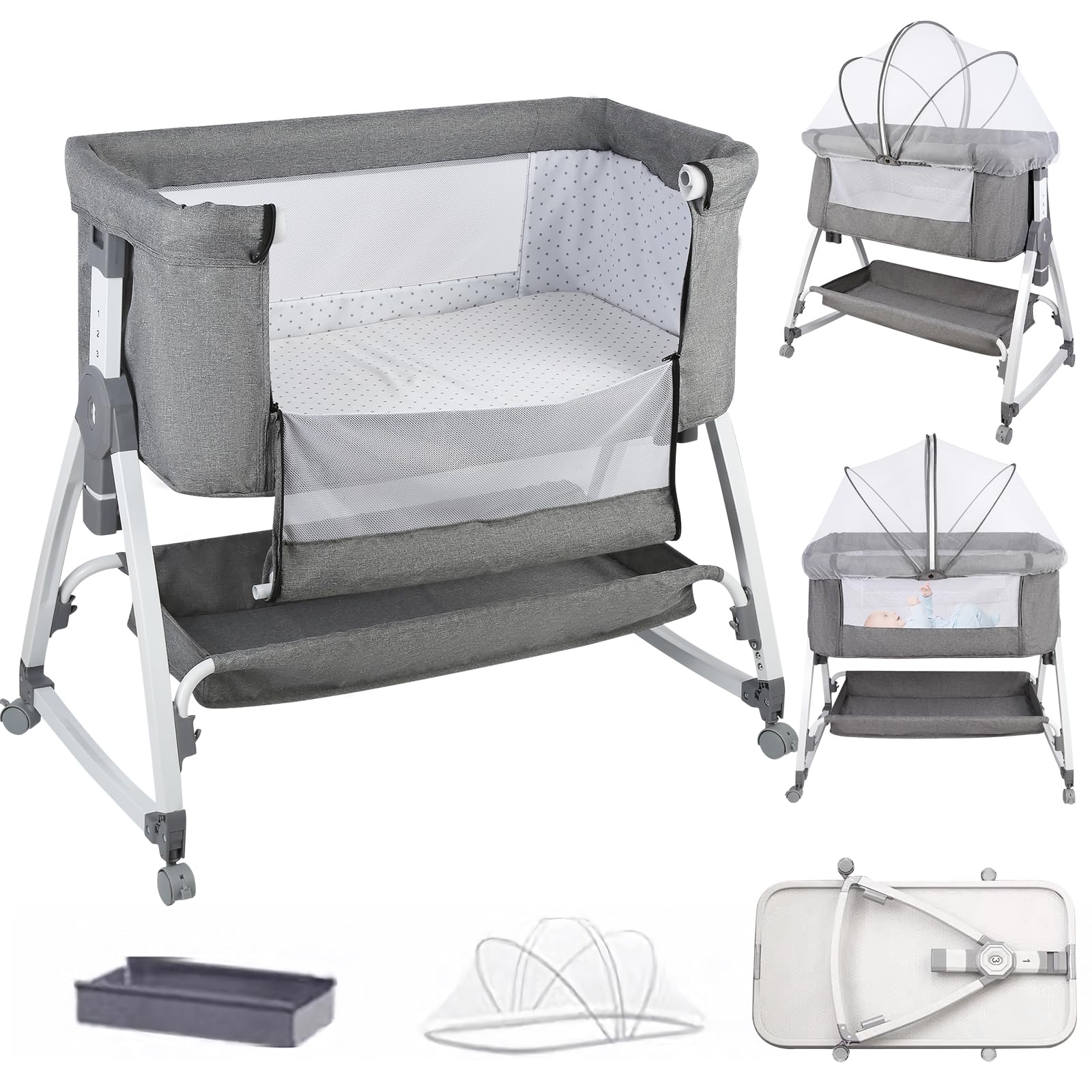HUOLE Cuna 3 en 1 hasta 30 kg, Cuna de colecho, Cuna Mecedora, Ajuste de Altura e inclinación del colchón, 4 Ruedas con Freno, Colchón Ergonómico, Bolsa-80 * 40 * 100-115cm-lino