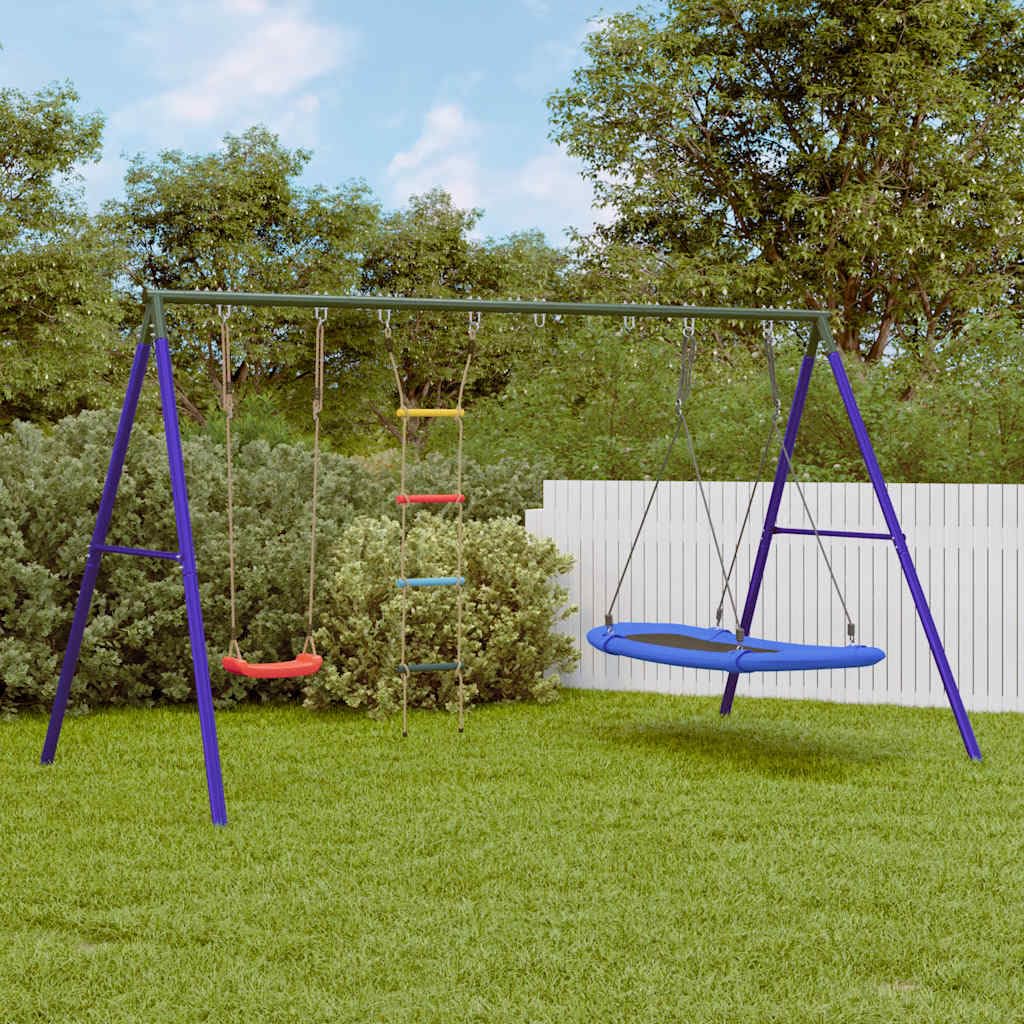 Schaukel-Set mit robustem Metallgestell, verstellbarem Schaukelsitz, Nestschaukel und Strickleiter für Kinder im Außenbereich, geeignet für Gärten, Spielplätze und Kindergärten