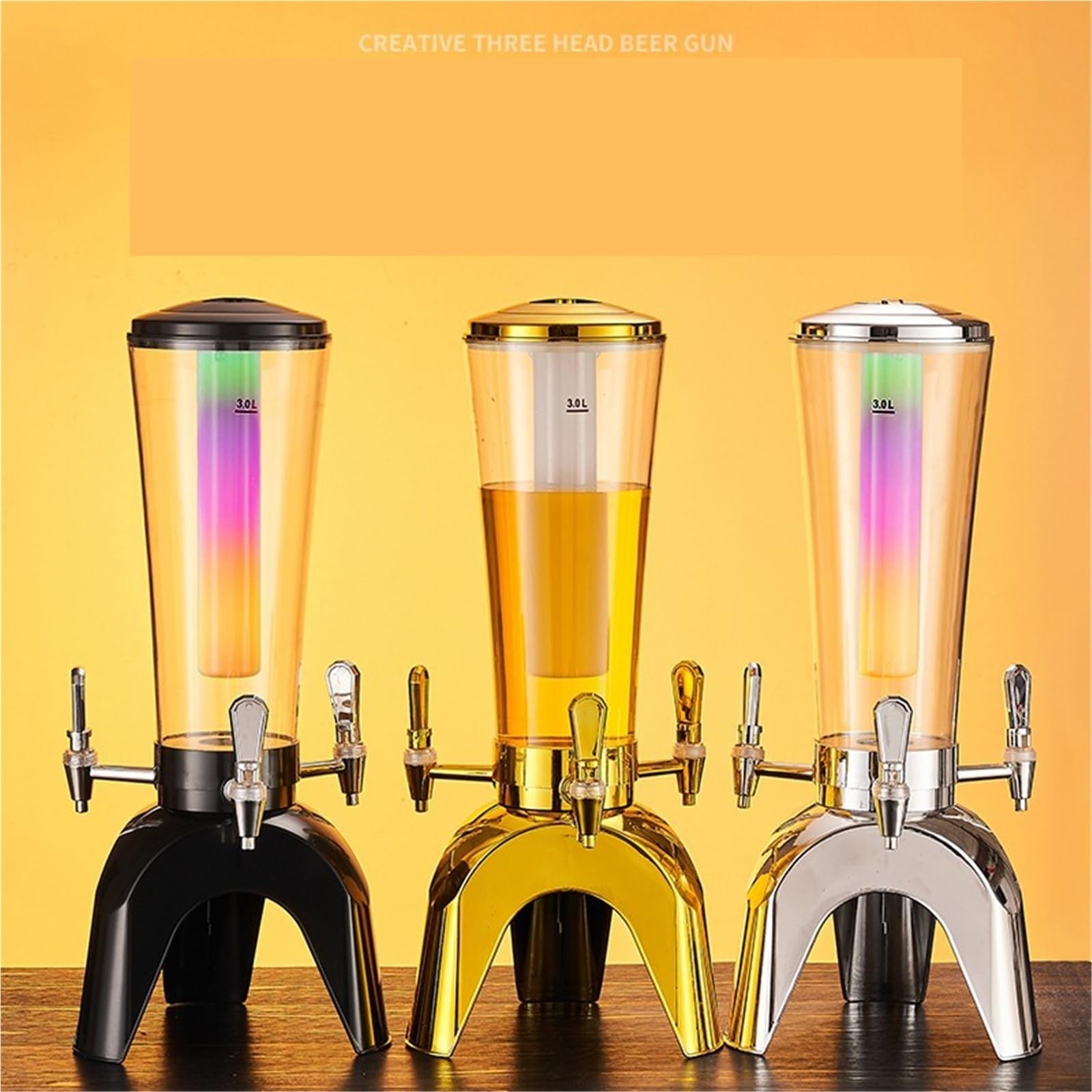 distributeurs de boissons Tour de bière 3L/100oz, distributeur de boissons avec Tube à glace et distributeur de boissons alcoolisées de table à trois robinets for fête verre(Champagne)