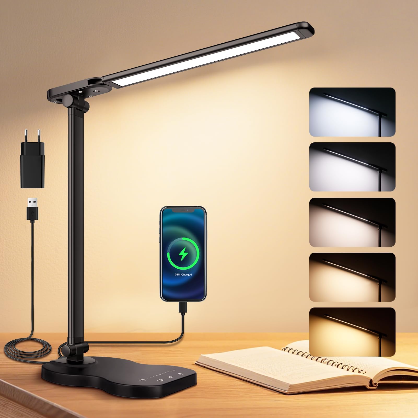 Caldarax Lámpara Escritorio LED Regulable, Flexo de Escritorio 5 Modos y 10 Niveles de Brillo, Puerto USB/Control Táctil/Temporizador 45min/Cuidado Ocular/Función Memoria, Lampara LED(Negro)