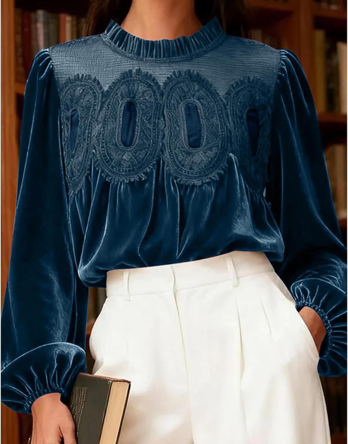 Women's Long Sleeve Velvet Tops Lace Trim Elegant Flared Swing Babydoll Blouses Shirts - Image 2