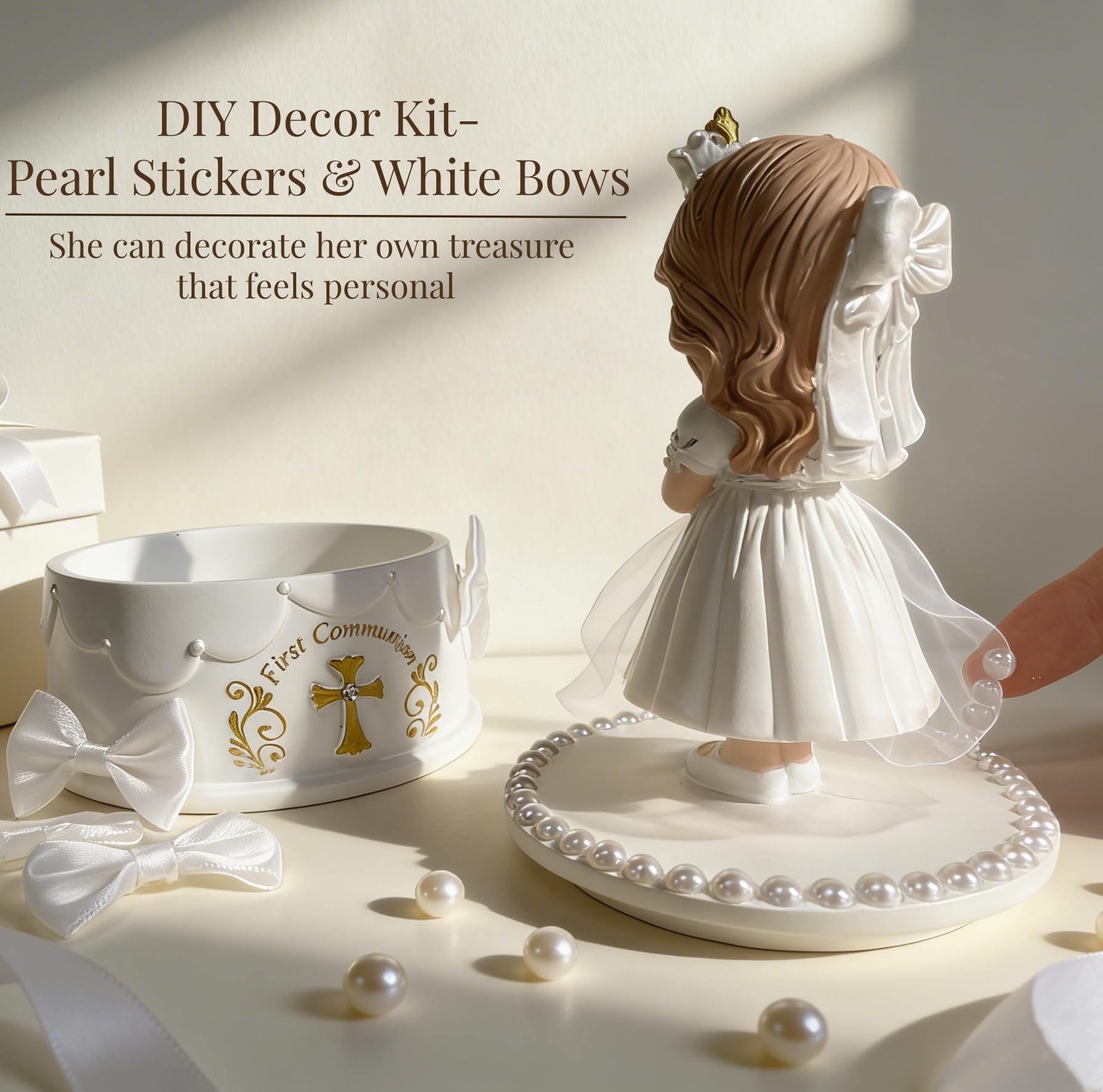 First Communion Gifts for Girls - 1st Holy Communion Gift with Prayerful Girl Figurine, Keepsake Box & Pearl Bracelet - Religious Keepsake Gift for Girls