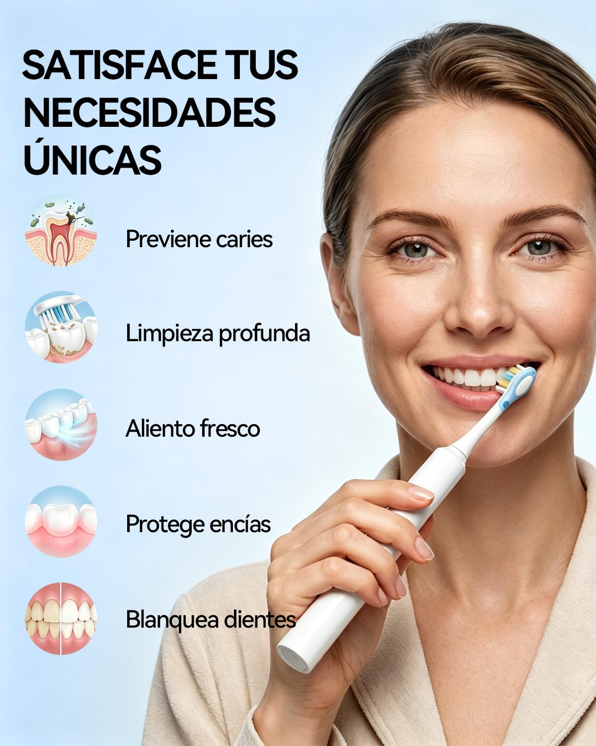 Unico Cepillo de Dientes Eléctrico Sónico para Adultos con Pantalla, 5 Modos, IPX7 Impermeable, Recargable, Negro