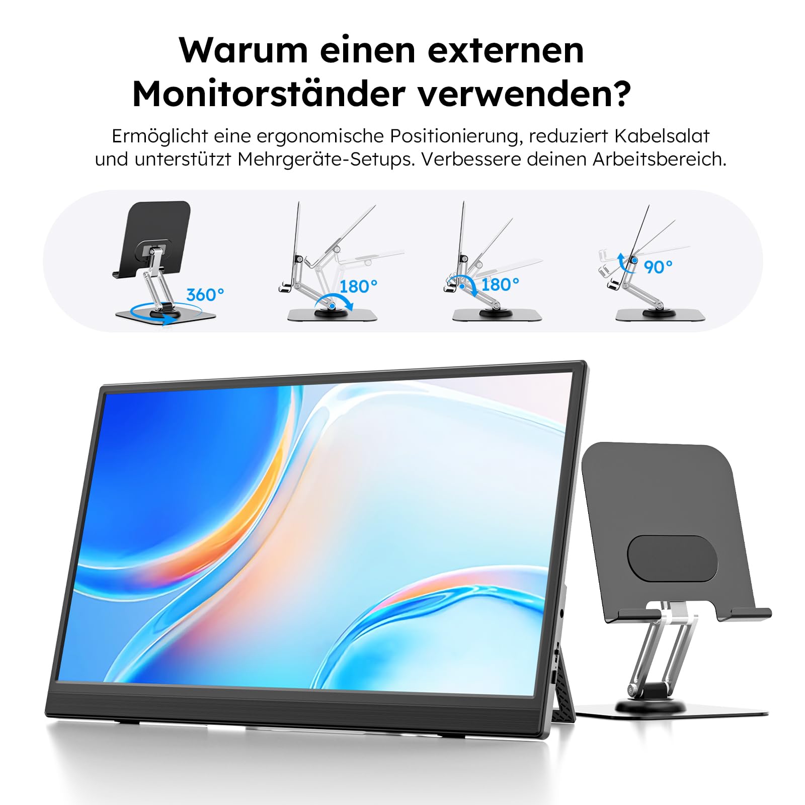 Przenośny monitor 15,6" ze stojakiem, FHD 1080p przenośny monitor do laptopa | Ultra-cienki monitor IPS z regulowaną podstawą i głośnikiem, USB-C i mini HDMI, do laptopa/komputera/Mac
