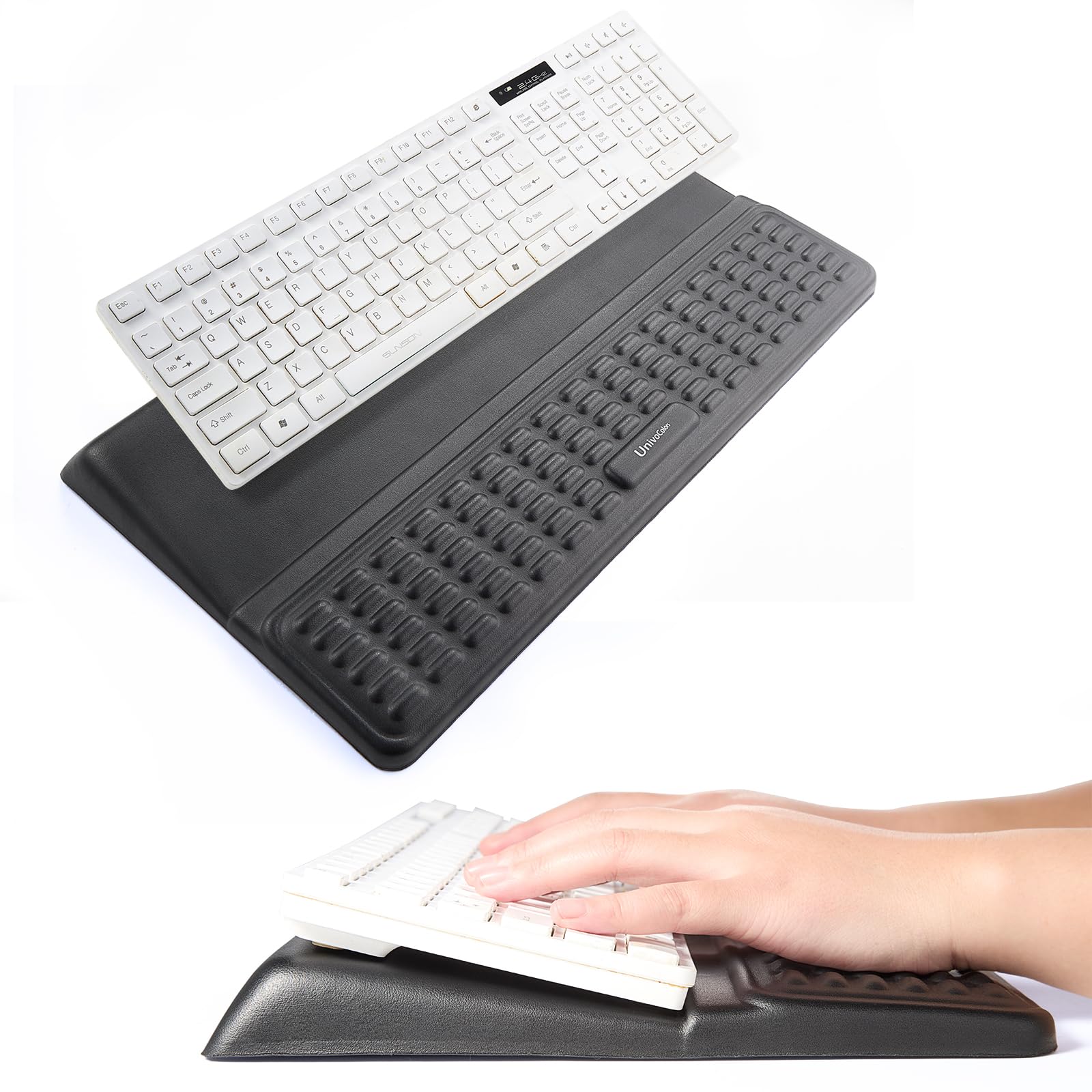 UnivoColors Keyboard Stand with Wrist Rest high-Grade PU Leather Soft Memory Foam Desk Cushion Anti-Slip Silicone Base Palm