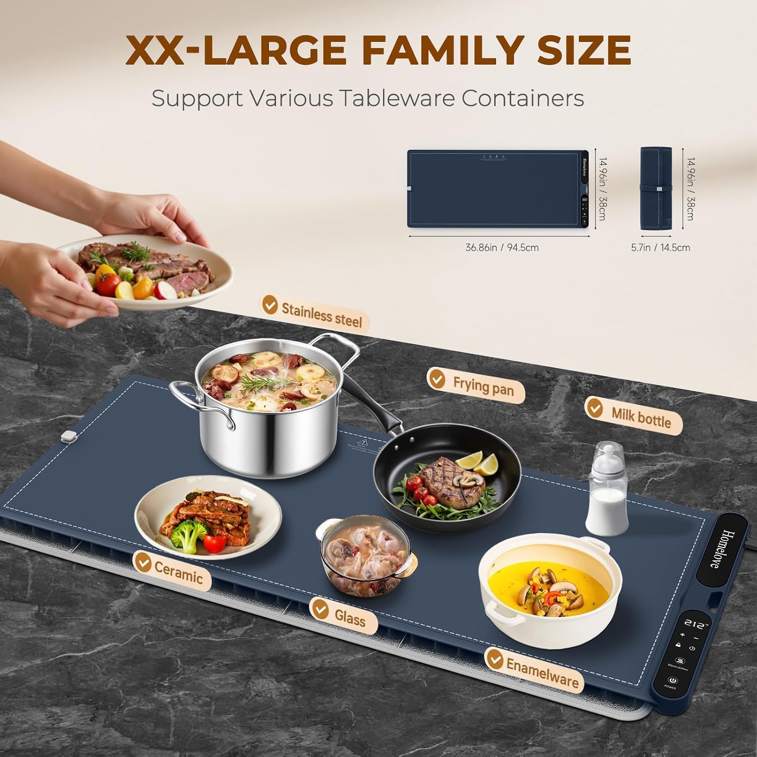 Homelove Warming Mat for Food - Fast Full Surface Electric Warming Tray with 7 Temp-Settings & 8H Timer, Portable Roll Up Food Warmer with Heat Insulation Pad for Gatherings Parties Buffet XXL-Navy