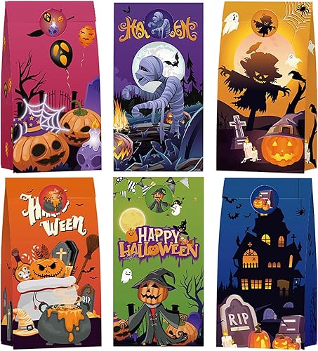 SCIONE 24 bolsas de regalo de Halloween para niños, 6 bolsas de regalo de Halloween para dulce o truco, bolsas de papel de regalo para Halloween,