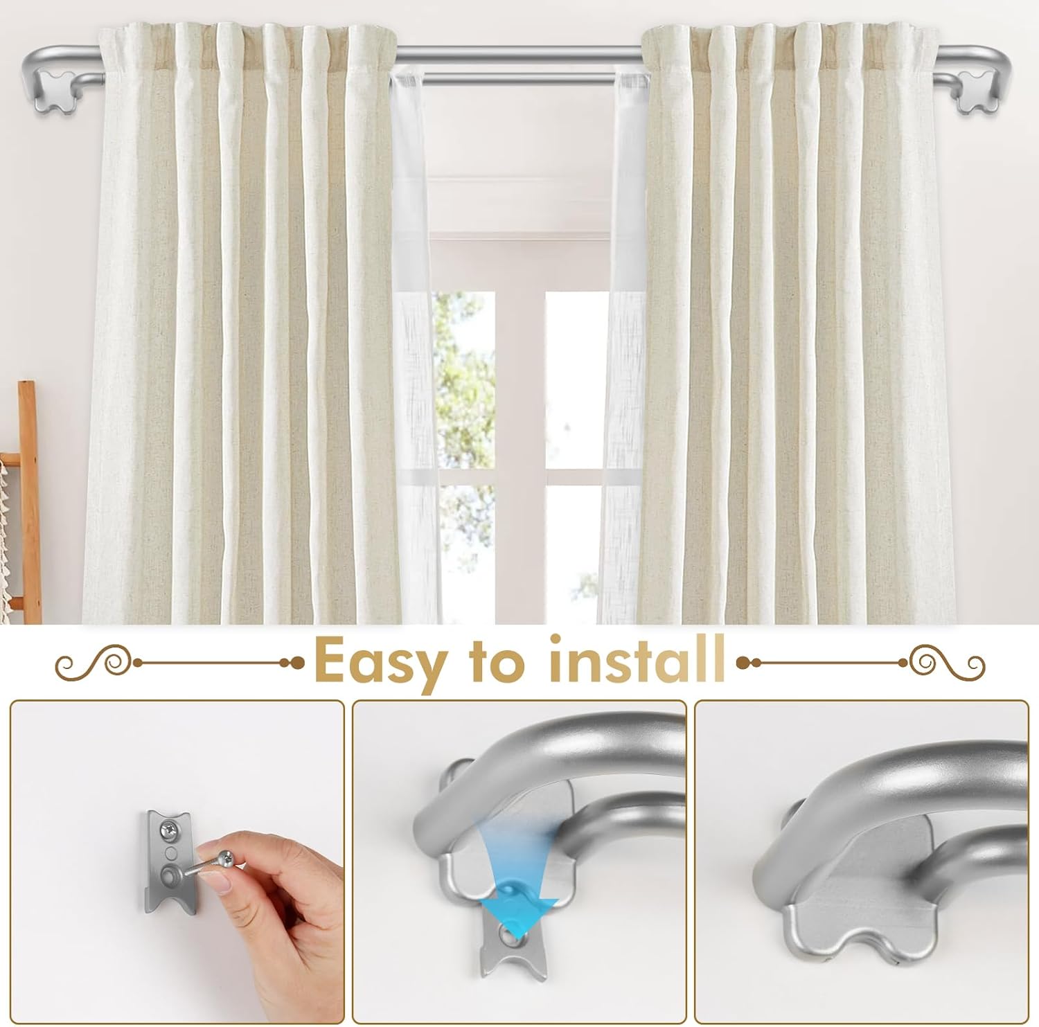 Antique Silver Wrap Around Double Curtain Rods 32 to 58 and 2 Pack Curtain Holdbacks with Silver Translucent Finials(Bundles)