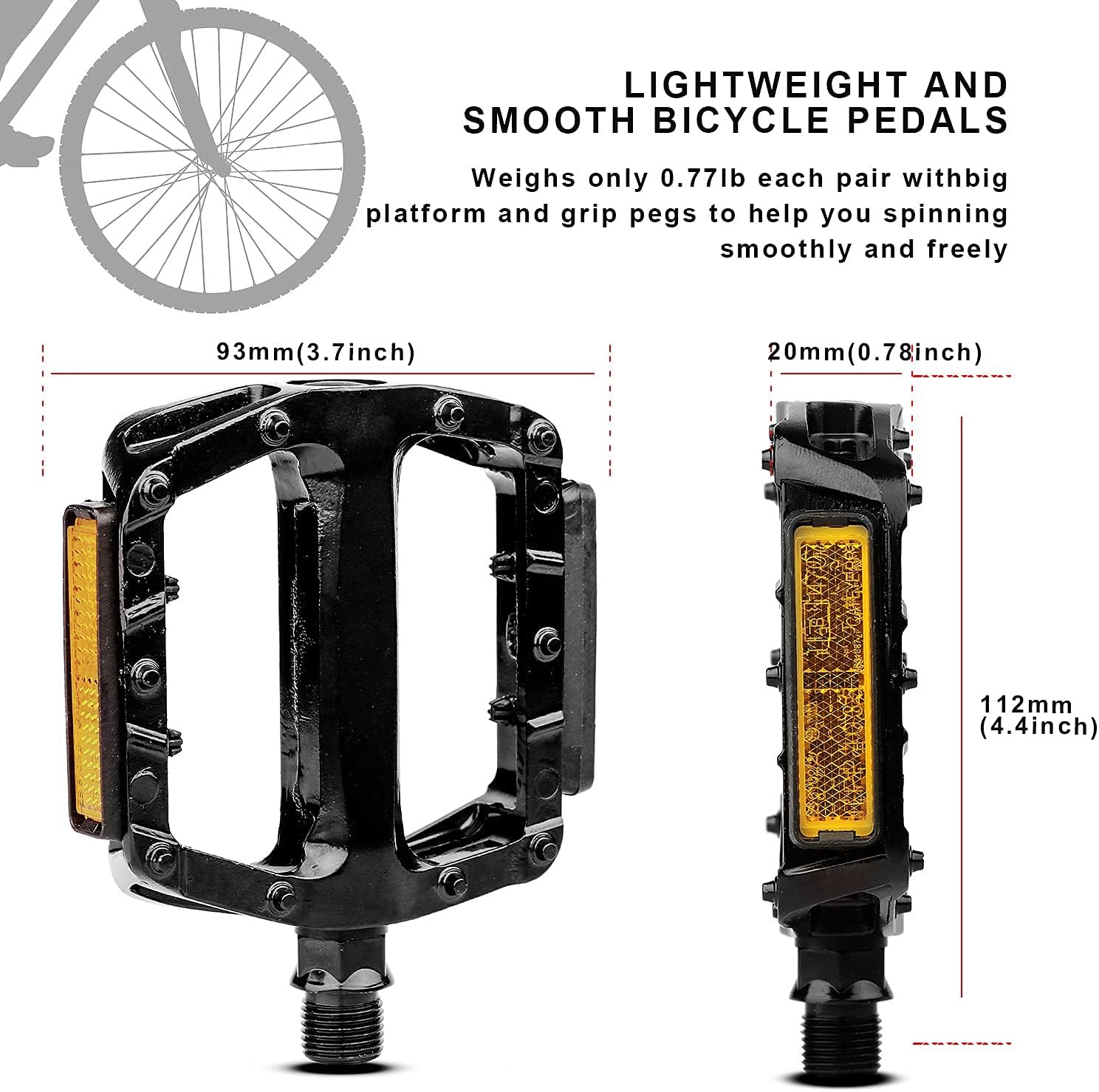 Bike Pedals, Aluminum Alloy Bicycle Pedals with Reflector for Mountain Bike Road Bike and Other Bicycles,Threads Size 9/16 Inch