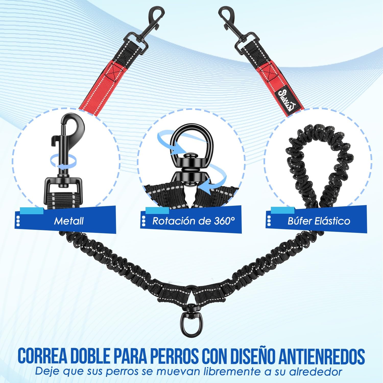 SlowTon Doble Correa para Perros sin enredos - Cable Reflectante Giratorio de Alta Resistencia Giratorio de 360 °, Entrenamiento para Caminar Amortiguador para 2 Perros medianos pequeños