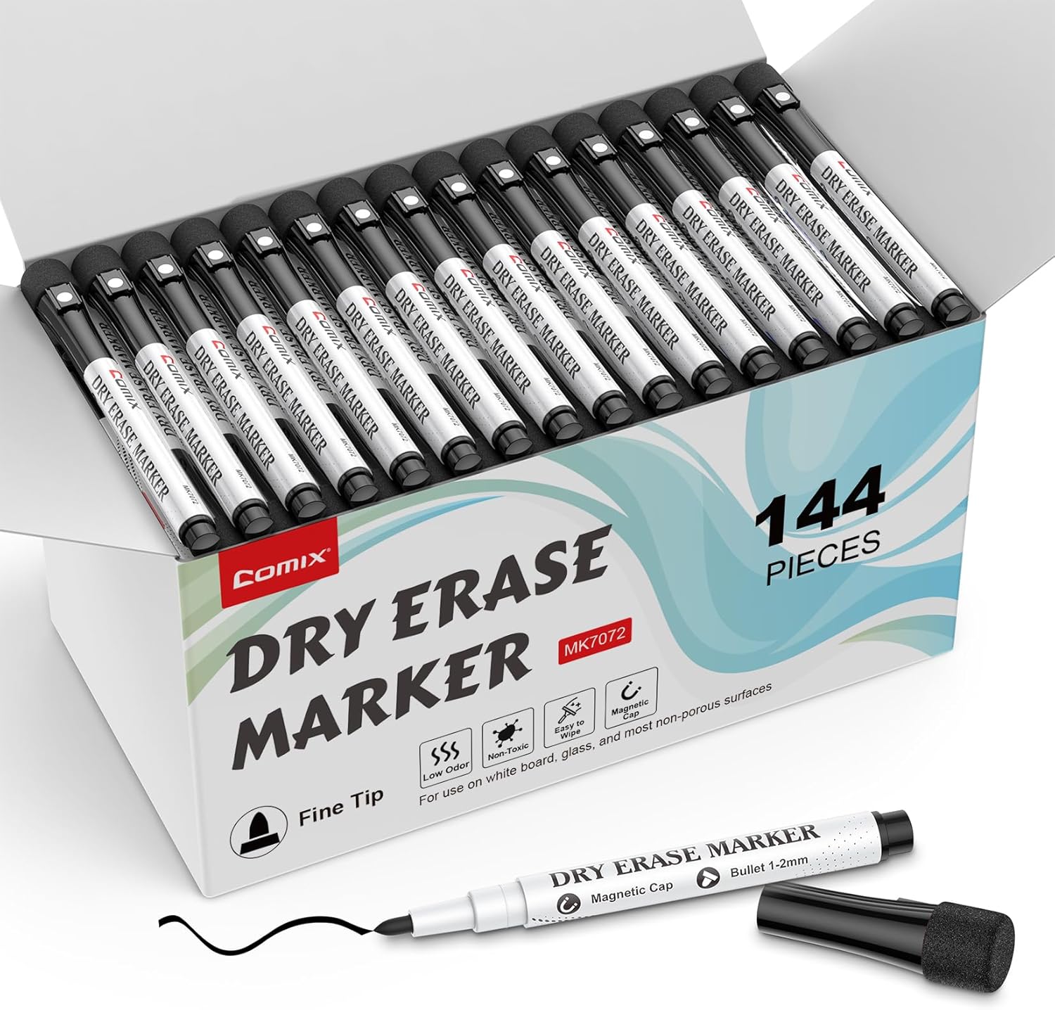 Comix Magnetic Dry Erase Markers, Black Color, 4 Sets of 36 Markers, 144 Markers Total, Fine Tip Whiteboard Markers for Teachers School & Office Supplies