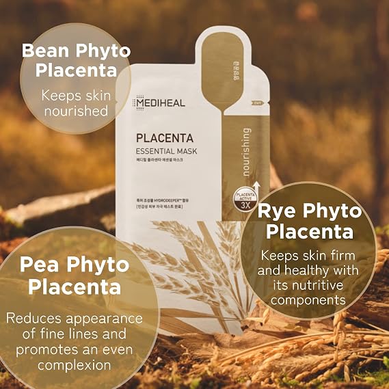 MEDIHEALL Essential Mask 10 Pieces Placenta Nutrition Supplement Skin Vitality Phytocollagen, Essential Type, Soy