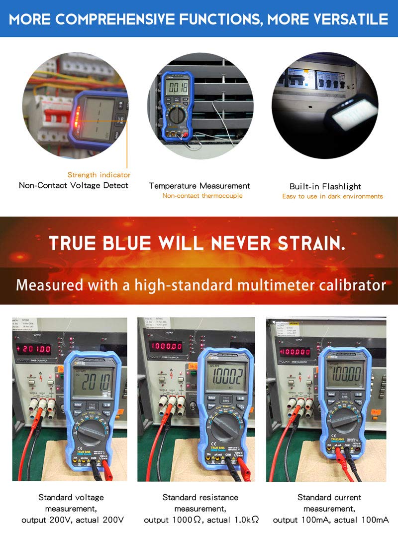 Multimeter demonstrating NCV, temperature, and flashlight functions, and calibration
