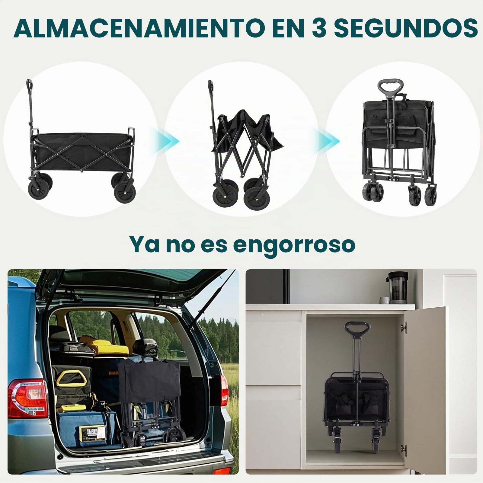 Carro Playa Plegable con Ruedas, Carro de Playa Plegable con Asa de Ajustable, Carrito Transporte Playa ara Jardín Camping