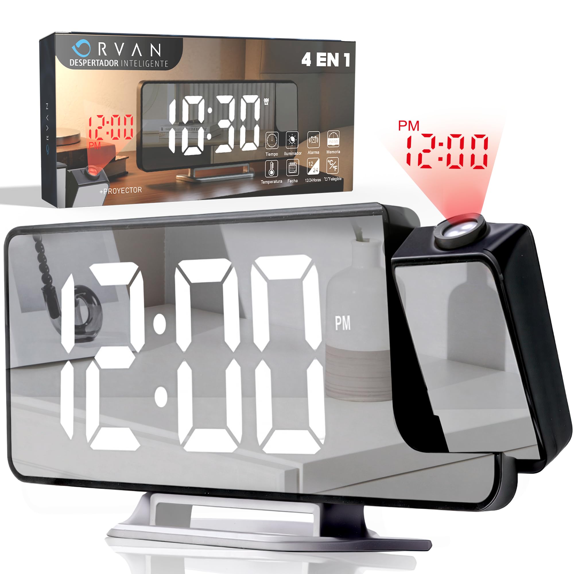 ORVAN® Reloj Proyector Techo Premium | Reloj Despertador Digital LED | Despertador Proyector Techo con Efecto Espejo | Reloj Despertador con Proyector | Doble Alarma | Tres Modos De Atenuación — view 8