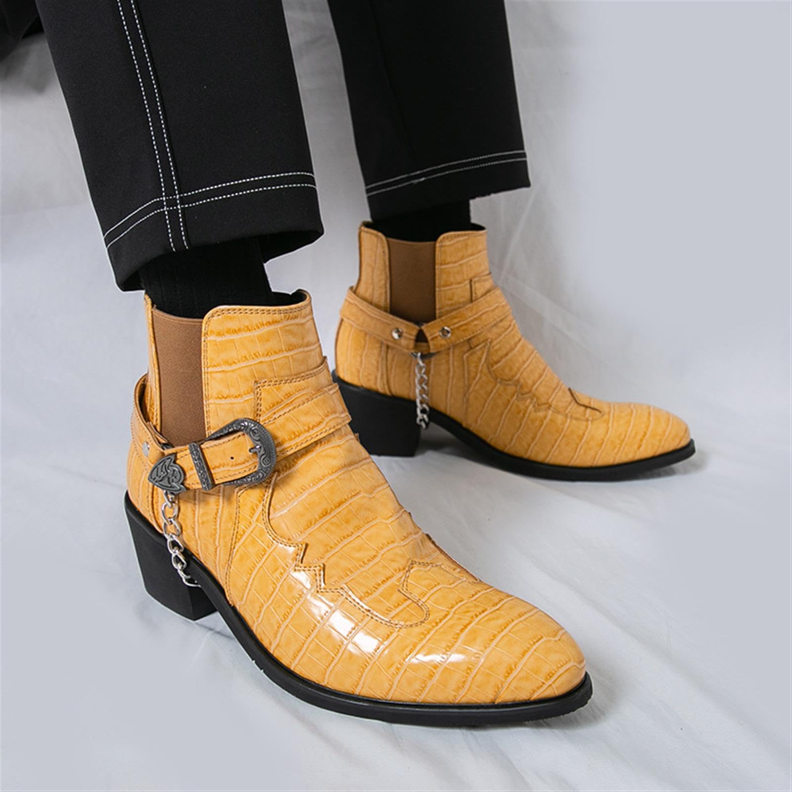 Stivaletti Chelsea Uomo Effetto Coccodrillo con Catena e Fibbia | Scarpe Uomo Stivaletti Western Eleganti Punta Affusolata Comode Suola in Gomma Resistente Ideali per Feste e Occasioni