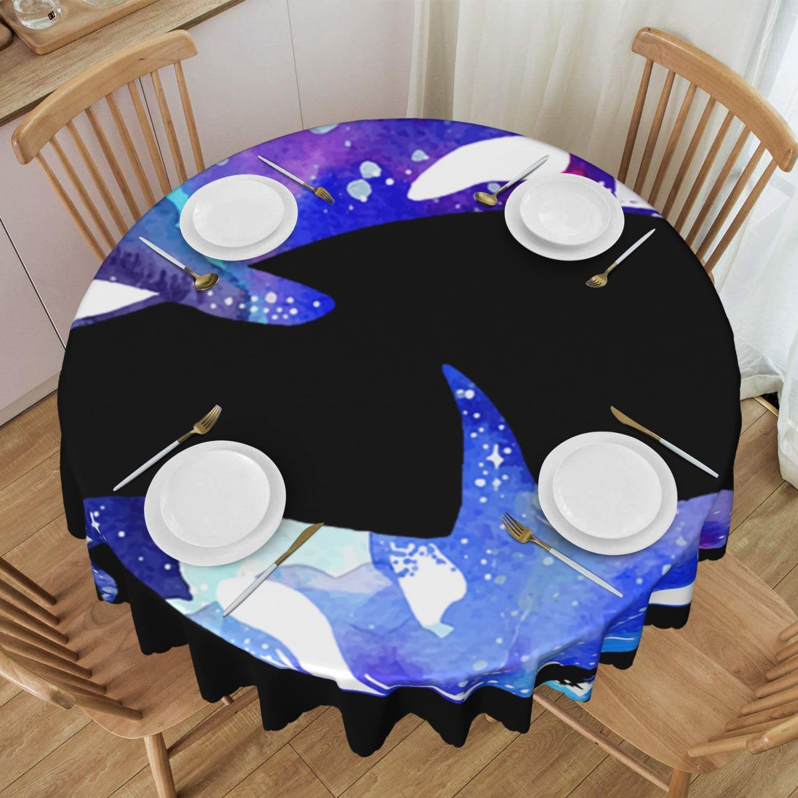 DCEHGEW 60 In Round Tablecloth with Lace, Orca Killer Whale Printed Oilproof & Washable Fabric Picnic Table Cloth Table Covers