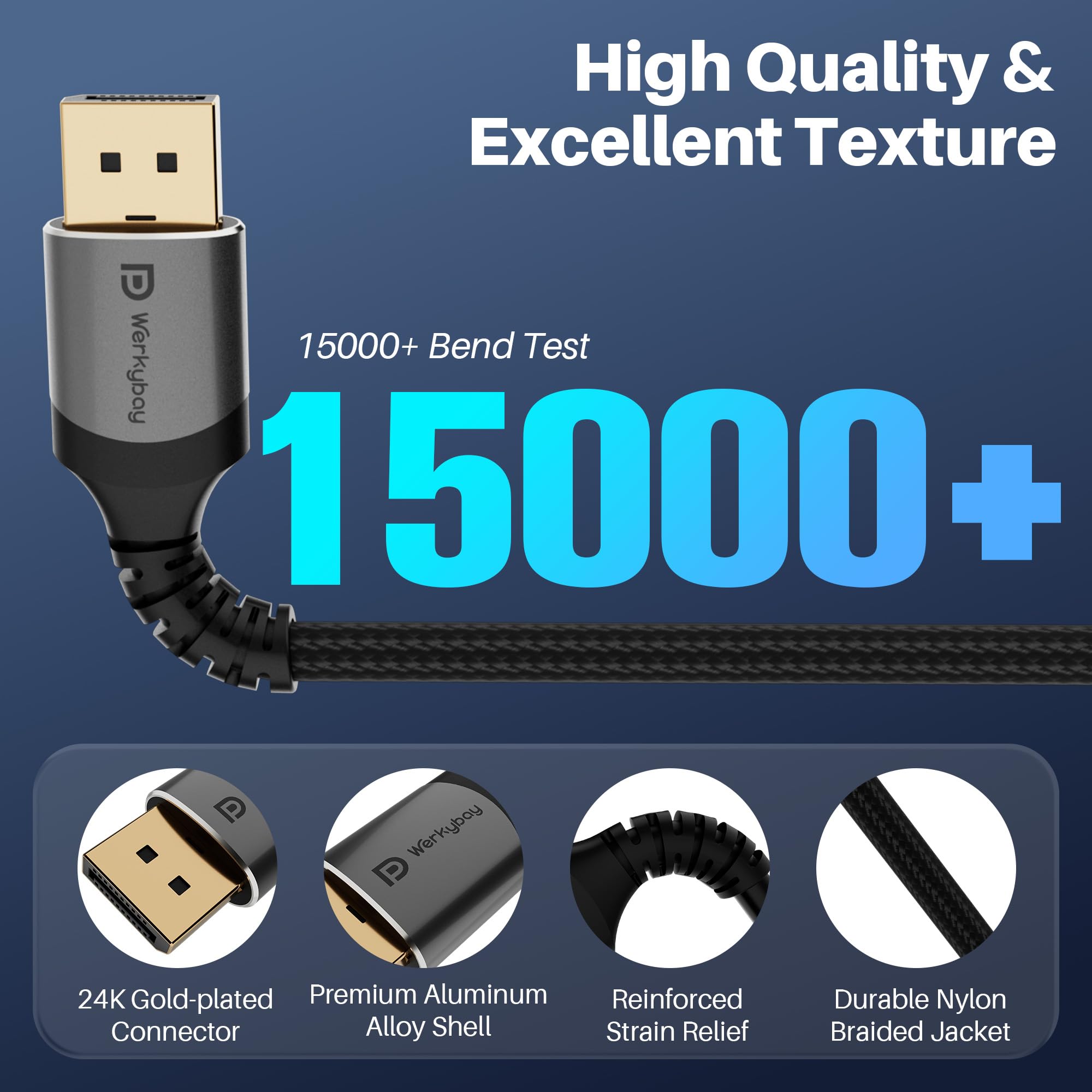 Kabel 8K DisplayPort 2 m, DP 1.4, 32,4 Gbps, certyfikat VESA, nylonowa osłona, 8K 60 Hz 4K 120 Hz 2K 240 Hz, HBR3 HDCP HDR, FreeSync G-Sync, do monitora, laptopa, TV