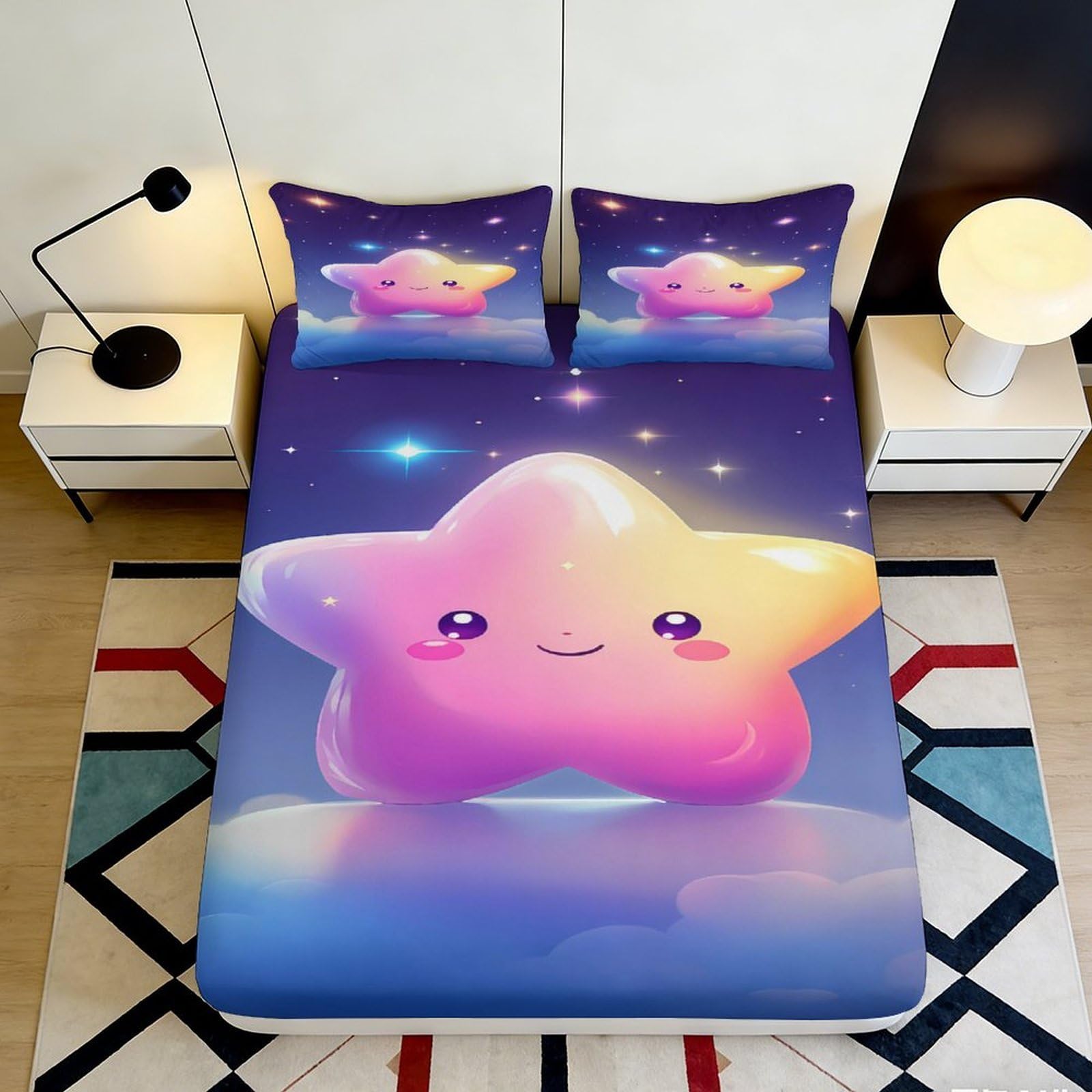 3D Printed Starry Night Fitted Sheet Microfiber Non-Slip Deep Pocket Bedroom Bedding Star Mattress Fitted Cover Washable 180x200x25cm