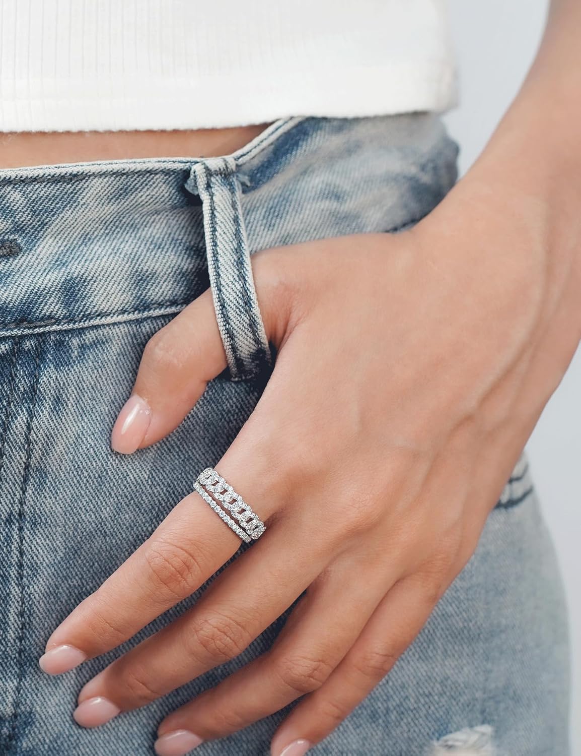 IMOLOVE Moissanite Wedding Bands for Women, Fashion Simple 0.5 Carat Stackable Chain Ring Trendy Everyday Silver Eternity Band Rings for Women with 18K White Gold Plated Size 5-11