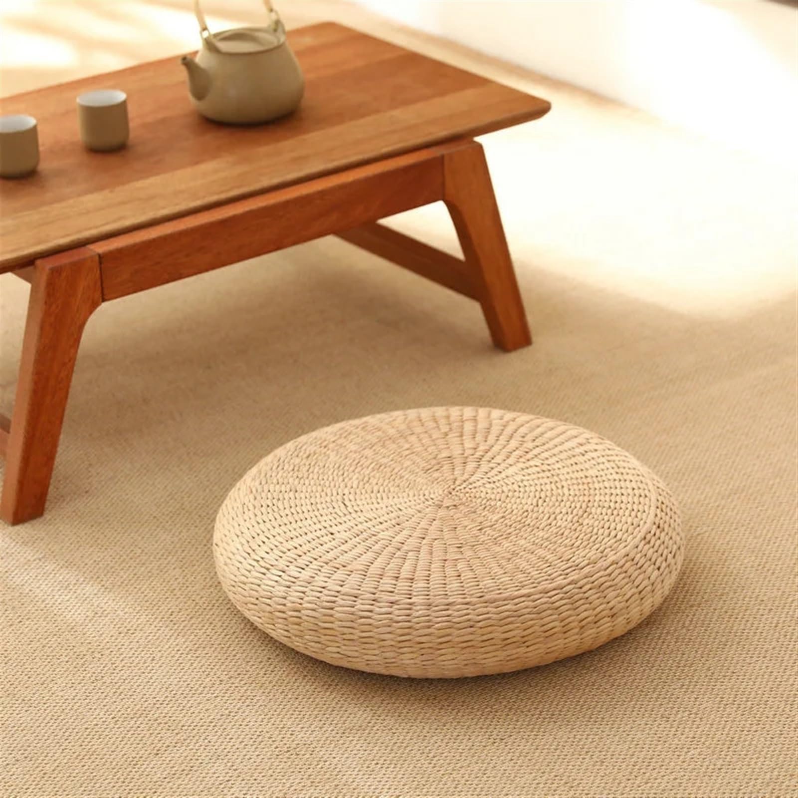 Rundes Yoga-Kissen aus natürlichem Stroh, handgefertigtes Bodenkissen, 30 x 30 x 6 cm, Sitzmatte für Meditation und Entspannung, umweltfreundlich, bequemes Kissen für Zuhause und Studio