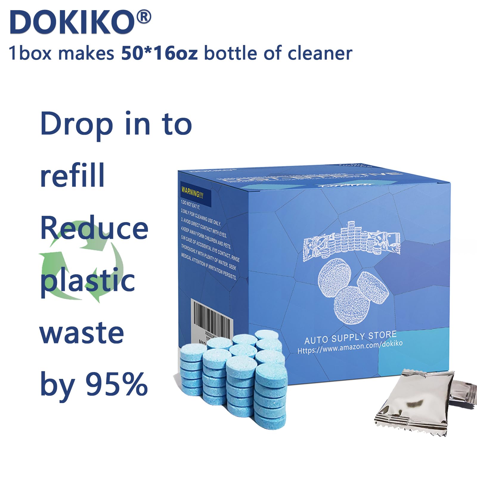 DOKIKO 100 piezas de repuesto para limpiador de vidrio, tabletas de limpieza de vidrio, tabletas de repuesto para limpieza de ventanas, 100 concentradas solubles, 1 paquete hace 100 x 16 onzas