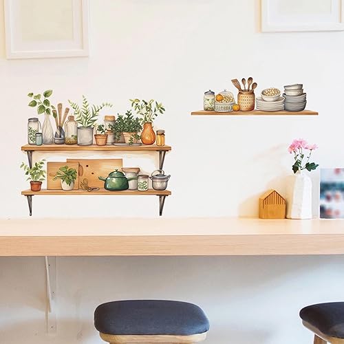 Miniatura 4 de sacinora - Calcomanías de pared para estante de utensilios de cocina, diseño de plantas verdes en maceta, vinilo extraíble para cocina, comedor,