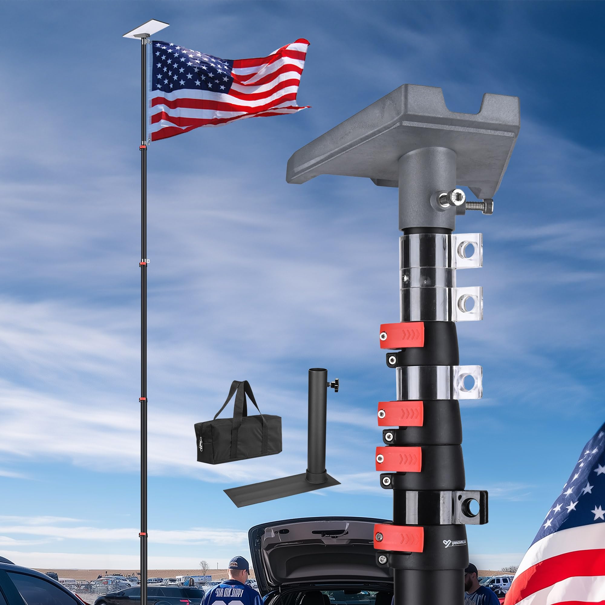 Yescom EZ GO 25ft Starlink Mini Telescopic Flagpole Mount Kit with Adapter & Tire Stand Base for Outdoor Tailgate Party Black