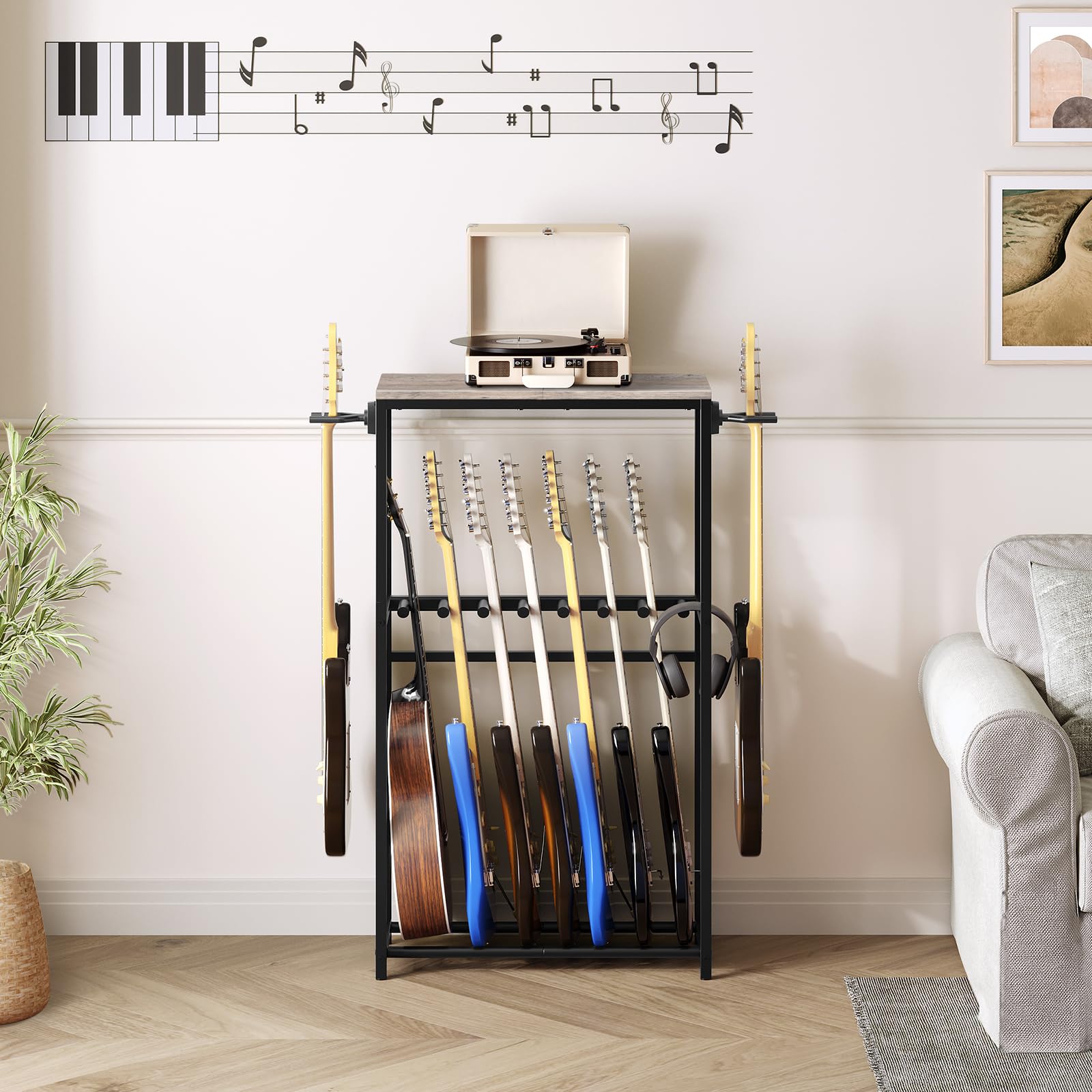 MAHANCRIS Soporte de Guitarra, Estantería para 7 Guitarras de Dos Niveles, para Guitarra Acústica, Guitarra Eléctrica, Bajo, Ukelele, Banjo, Revestimiento Protector de EVA, Gris AGSHG6701