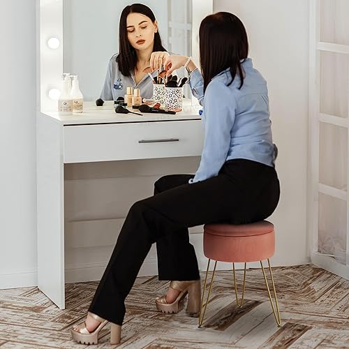 Miniatura 8 de LUE BONA Taburete de terciopelo para sala de maquillaje, otomana de almacenamiento redondo, taburete para tocador con patas doradas, silla de