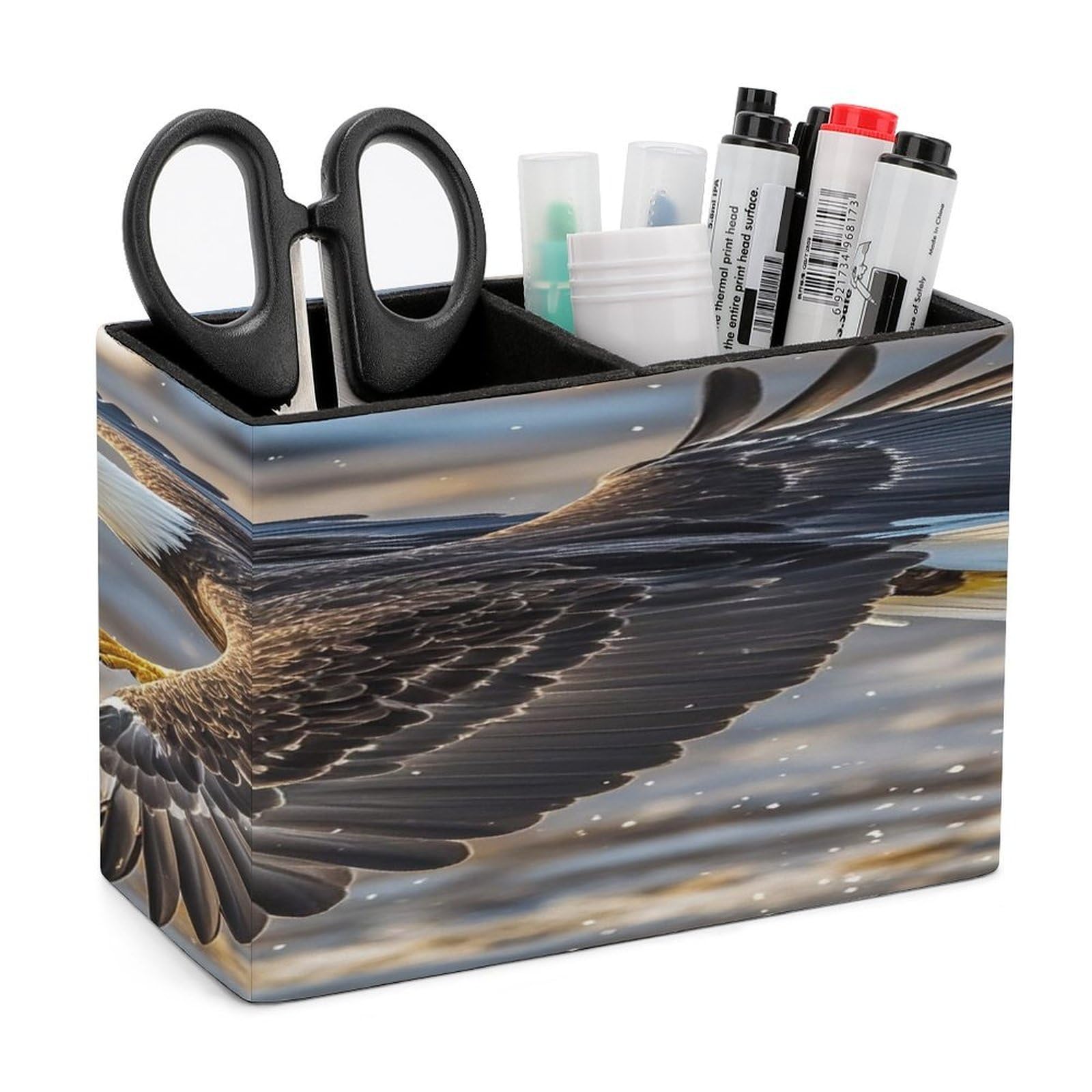 FekiLoot Bald Eagle Flying Pen Holders for Desk Small Remote Control Holder Leather Pencil Cup with Double Compartments Desktop Organizer for Table Desk Office Space Saving