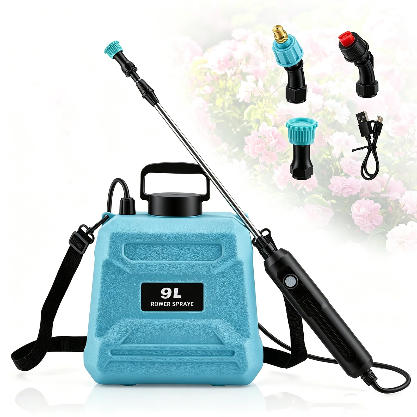 Pompa Irroratrice a Batteria 9L, Spruzzatore Elettrico, Motore Rame 1500mAh 200min, 3 Ugelli + Lancia 80cm, Ricarica USB-C, Nebulizzatore Giardino Elettrico per Piante