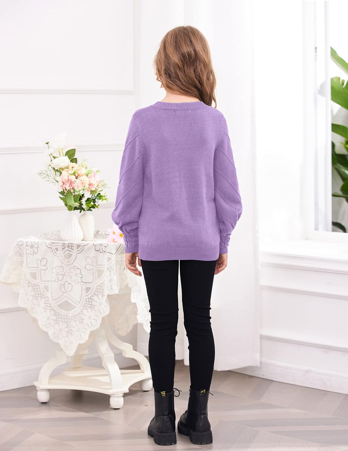 Arshiner Kid Girls Crew Neck Lantern Sleeve Sweater Cute Jumper Top Pullover Outwear 5-13 Years