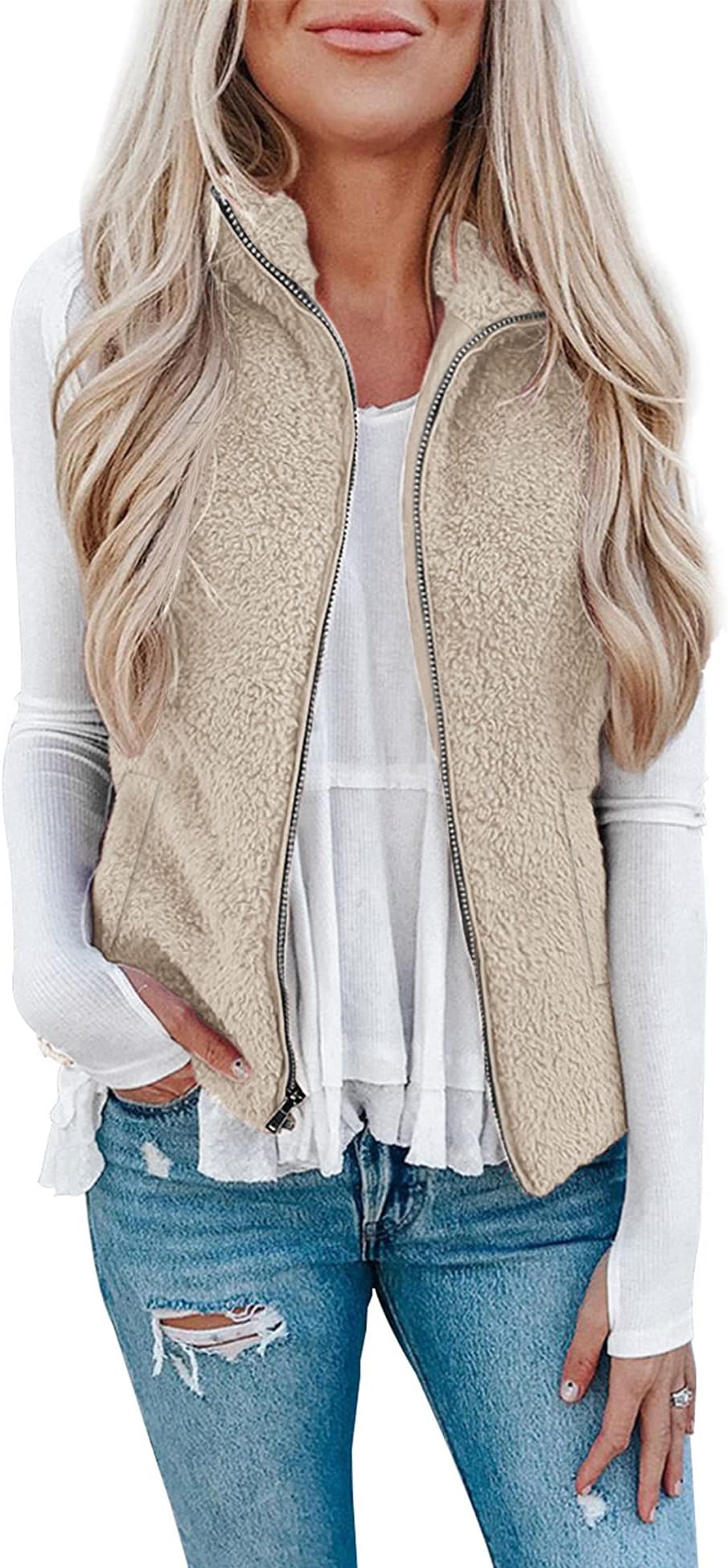Womens Fuzzy Sherpa Fleece Jacket Lightweight Vest Cozy Sleeveless Cardigan Zipper Waistcoat Outerwear with Pocket