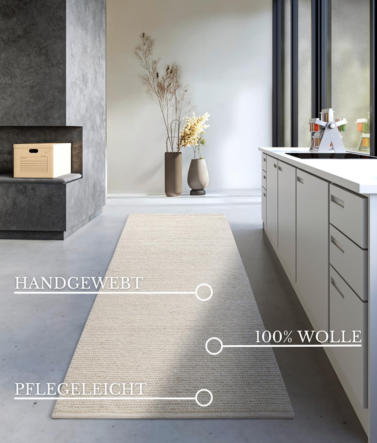 Villeroy & Boch Francois - Alfombra de Lana Natural para salón, Tejida a Mano y respetuosa con el Medio Ambiente, para salón, Dormitorio, Comedor, Pasillo, Cocina, Color Blanco Natural, 80 x 200 cm